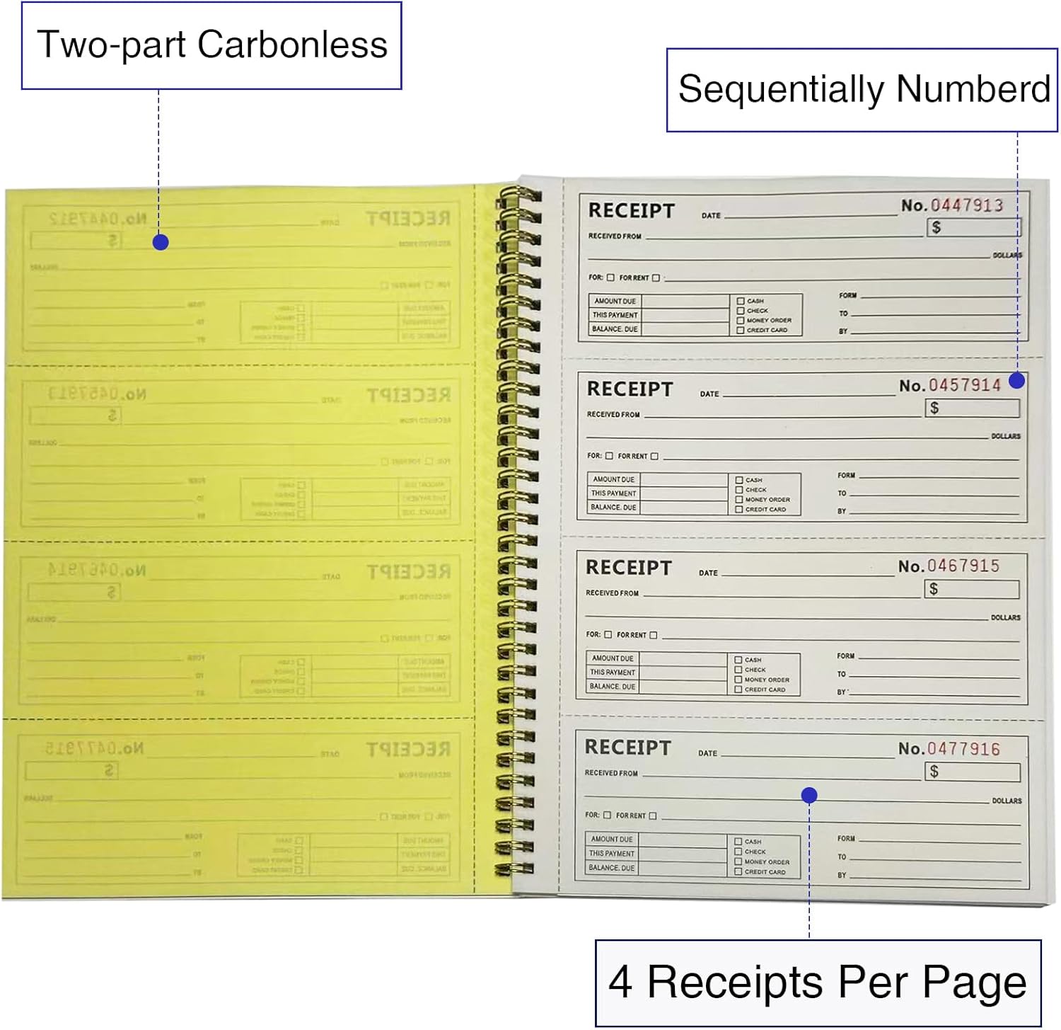 Money and Rent Receipt Books - Receipt Book with 2 Part Carbonless Copies, 7-5/8" x 11", Wraparound Cover, Spiral Bound 200 Sets per Book, 4 Receipts per Page (5 Books per Pack）