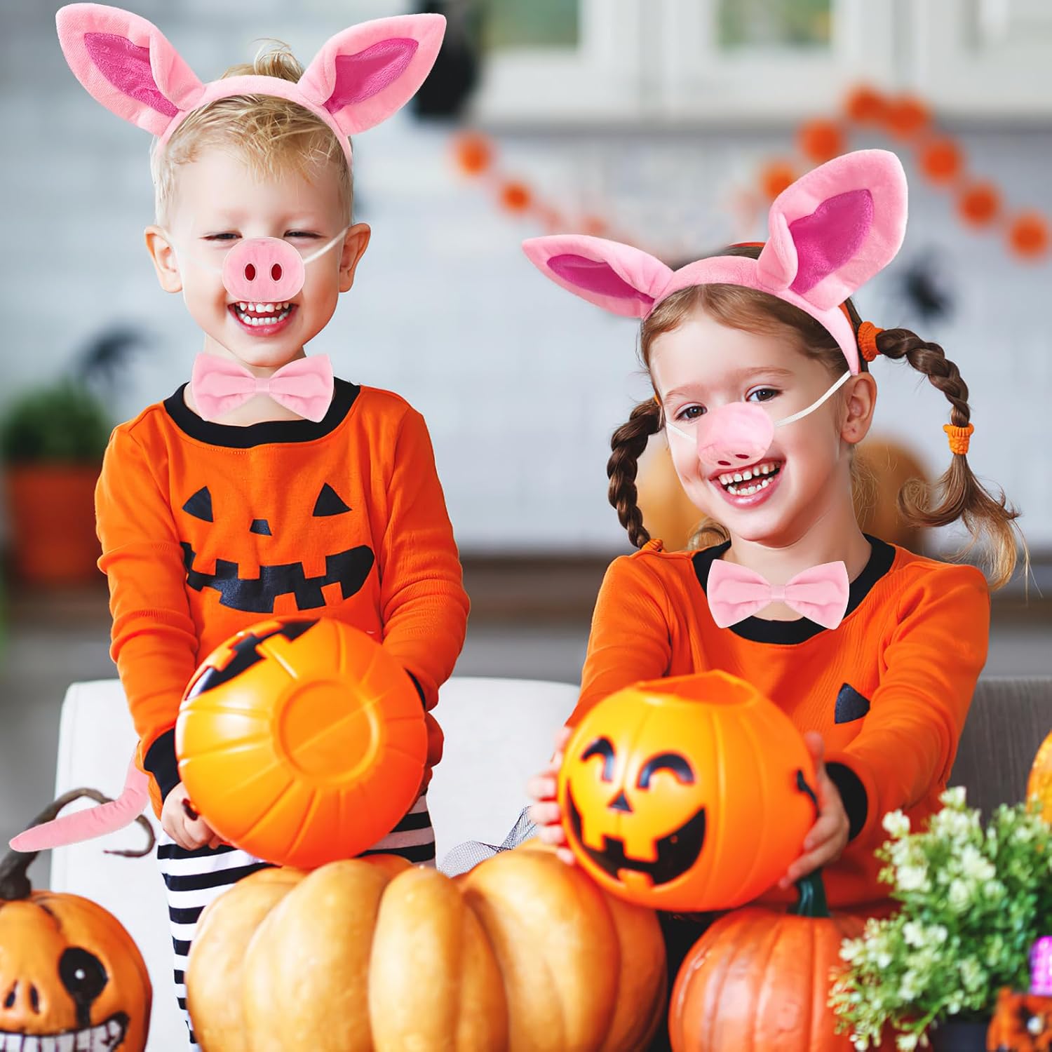 4 Pieces Pig Costume Set Pig Ears Headband Pig Nose Bow Tie Pig Tail Fancy Animal Cosplay Pig Costume Pink Animal Costume Accessories for Halloween Christmas Cosplay Animal Dress up Party - Image 7