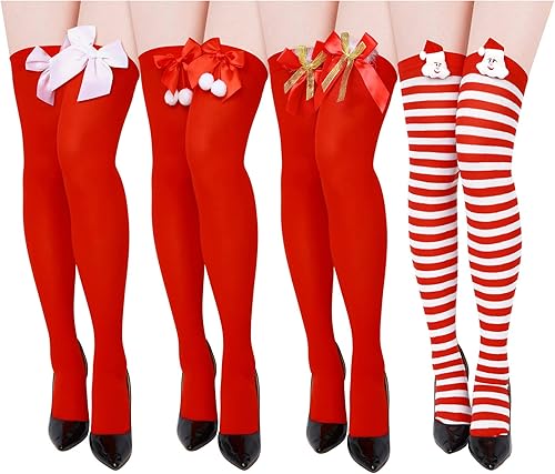 4 Pairs Christmas Thigh high Socks Red and White Stripe High Socks with Bow over Knee Stockings Candy Canes Stocking