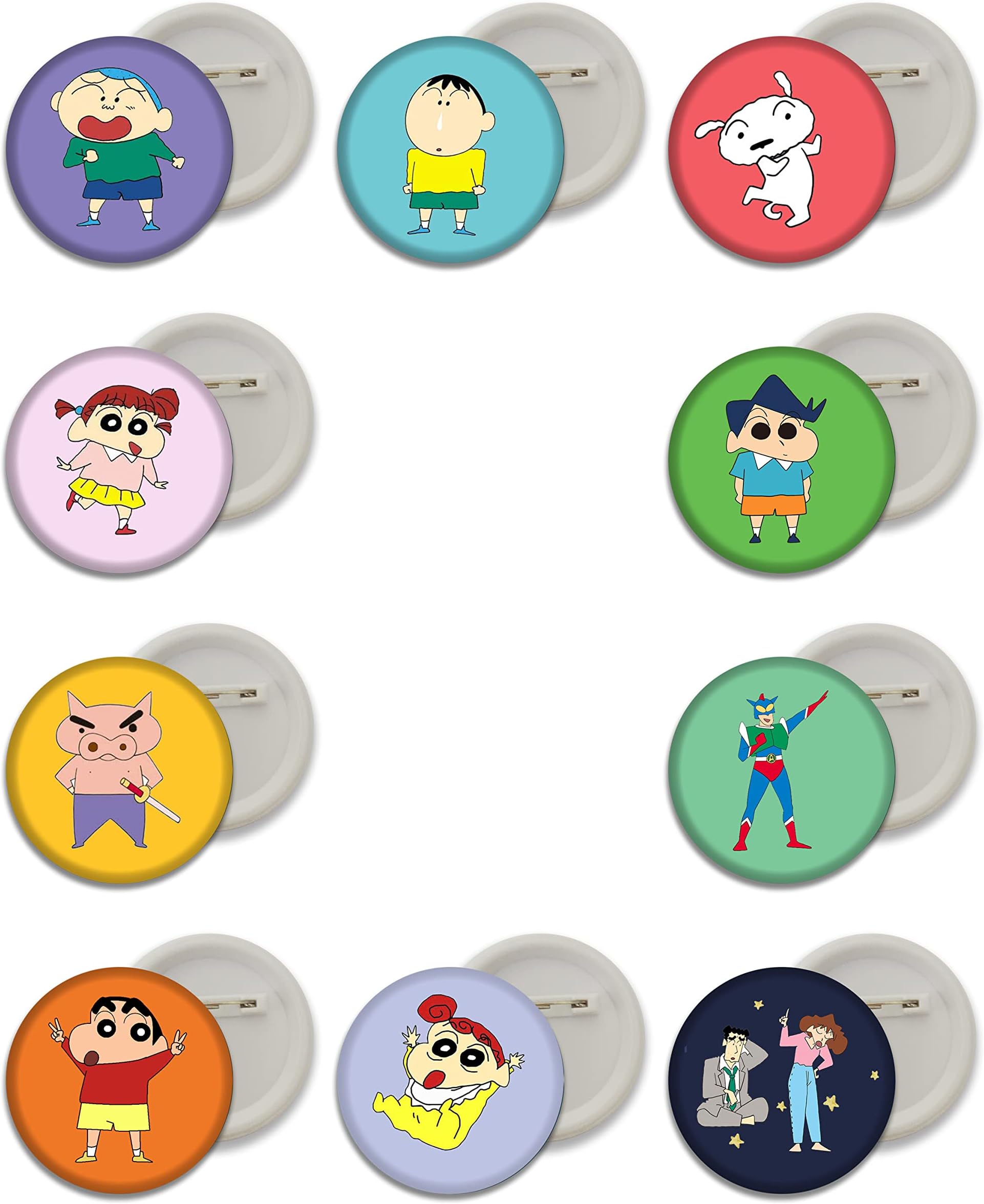 smart buy shinchan, masao, bo-chan, nene-chan, kazama, misae and hiroshi, action kamen, himawari, buri-buri zaemon, shiro metal pin badge button badges - set of 10 pieces- Multi color