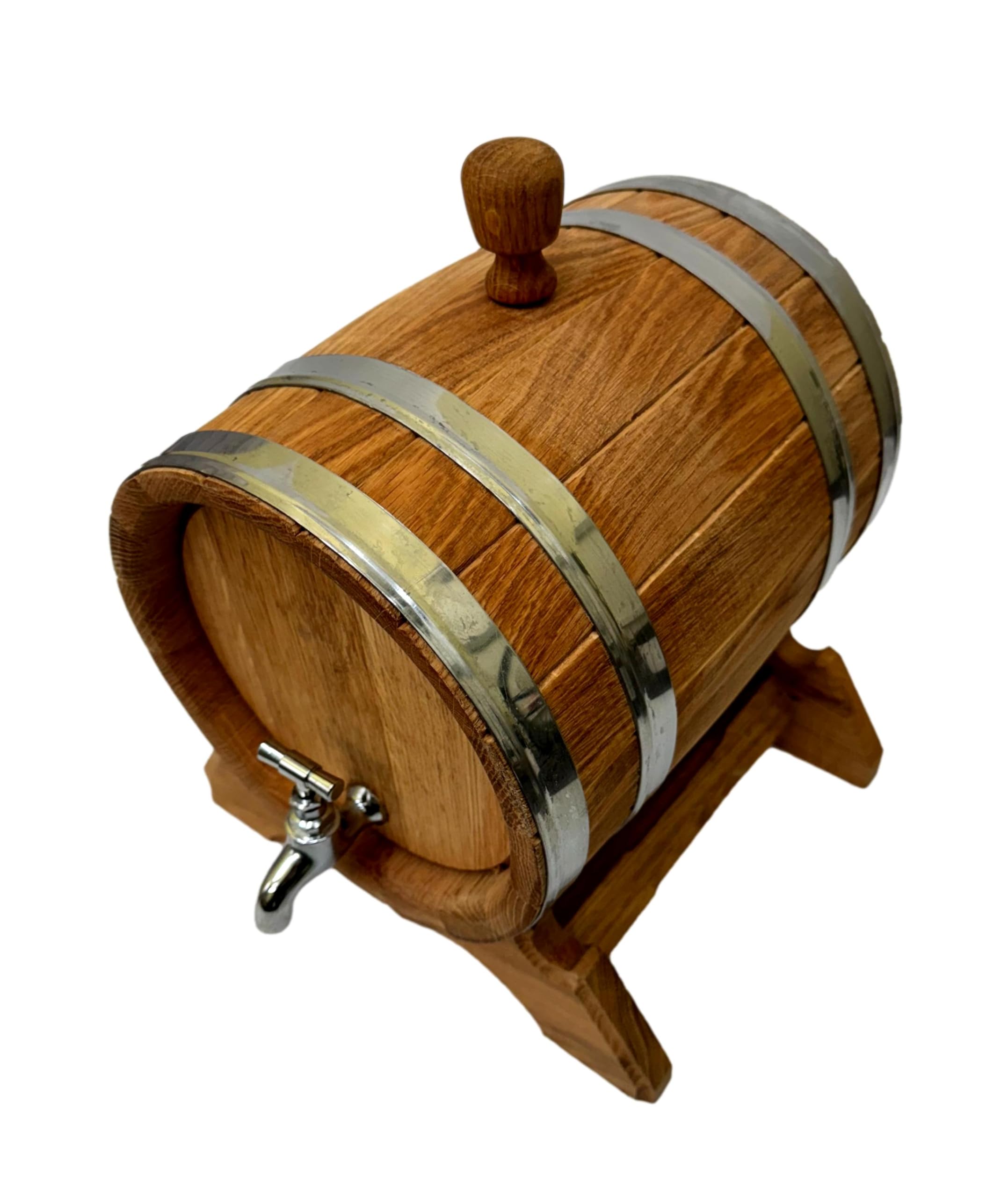 Wooden World - Barril de madera de roble con grifo sobre soporte - Barril para vino, whisky, brandy - 6 litros