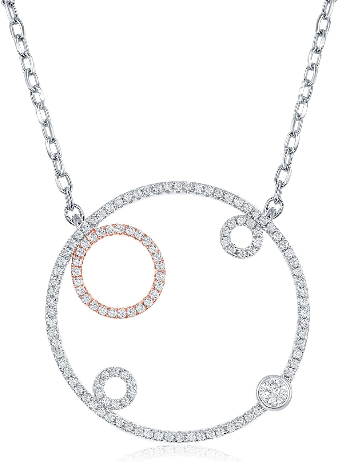Sterling Silver and Rose Tone Cubic Zirconia Open Circle with Smaller Circles & Single Bezel Set 16+2" Necklace