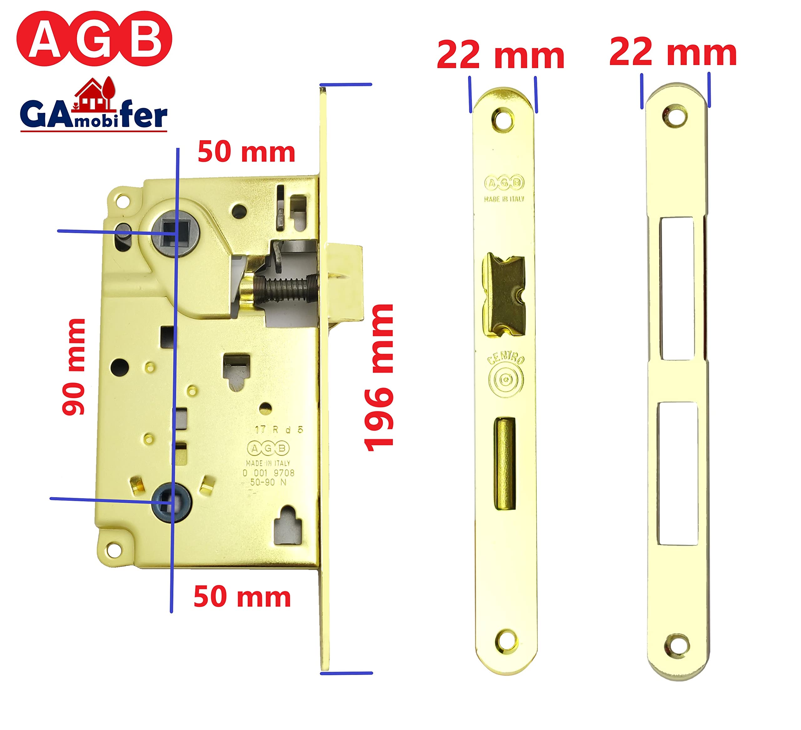 AGB Internal Door Latch Lock Recessed for Bathroom WC series CENTRO (FRONT 22x196, ROCK AND CHAIN, POLISHED BRASS) - Image 2