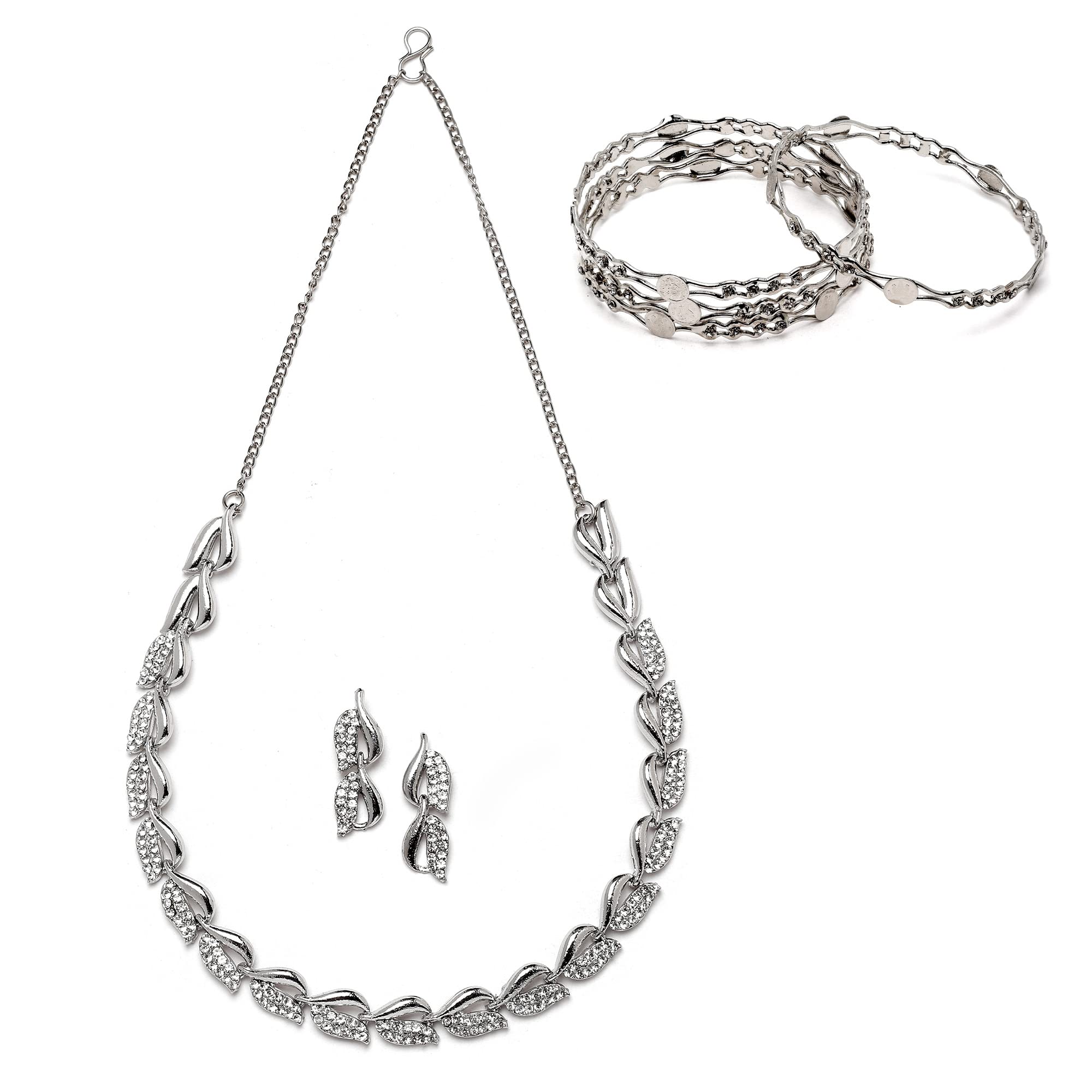 KENNICE Oxidised Silver-Plated American Diamond studded Leaf Shaped Necklace With Earrings and Bangles Jewellery Set For Girls & Women (B0C4Y8VVFM) Amazon Price History, Amazon Price Tracker