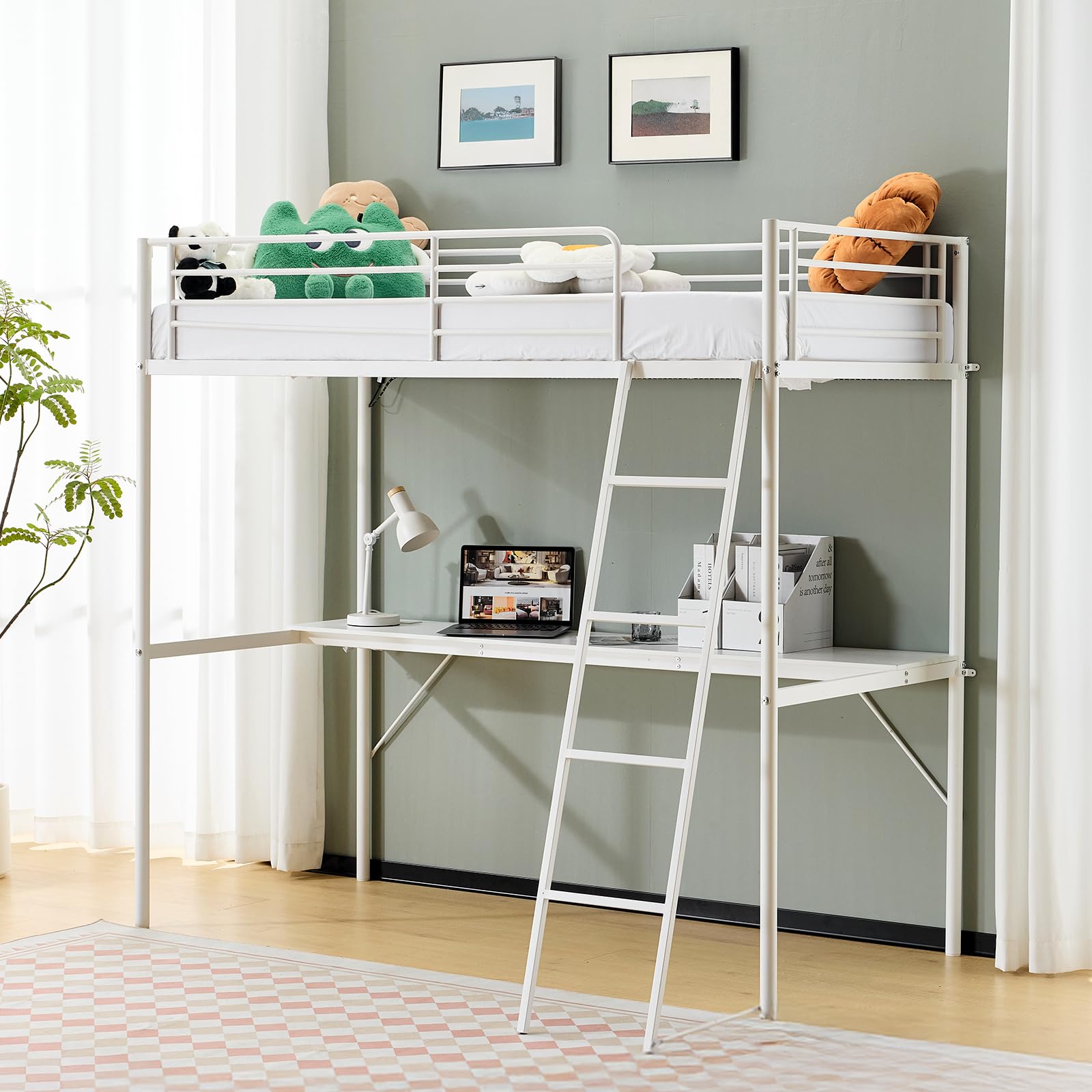 Bonnlo Loft Bunk Bed with Desk, Non-Slip Inclined Ladder Single Loft Bed with Outlet and LED Light Strip, Multifunctional Raised Metal Bed Frame for Kids, Teens and Adults, White