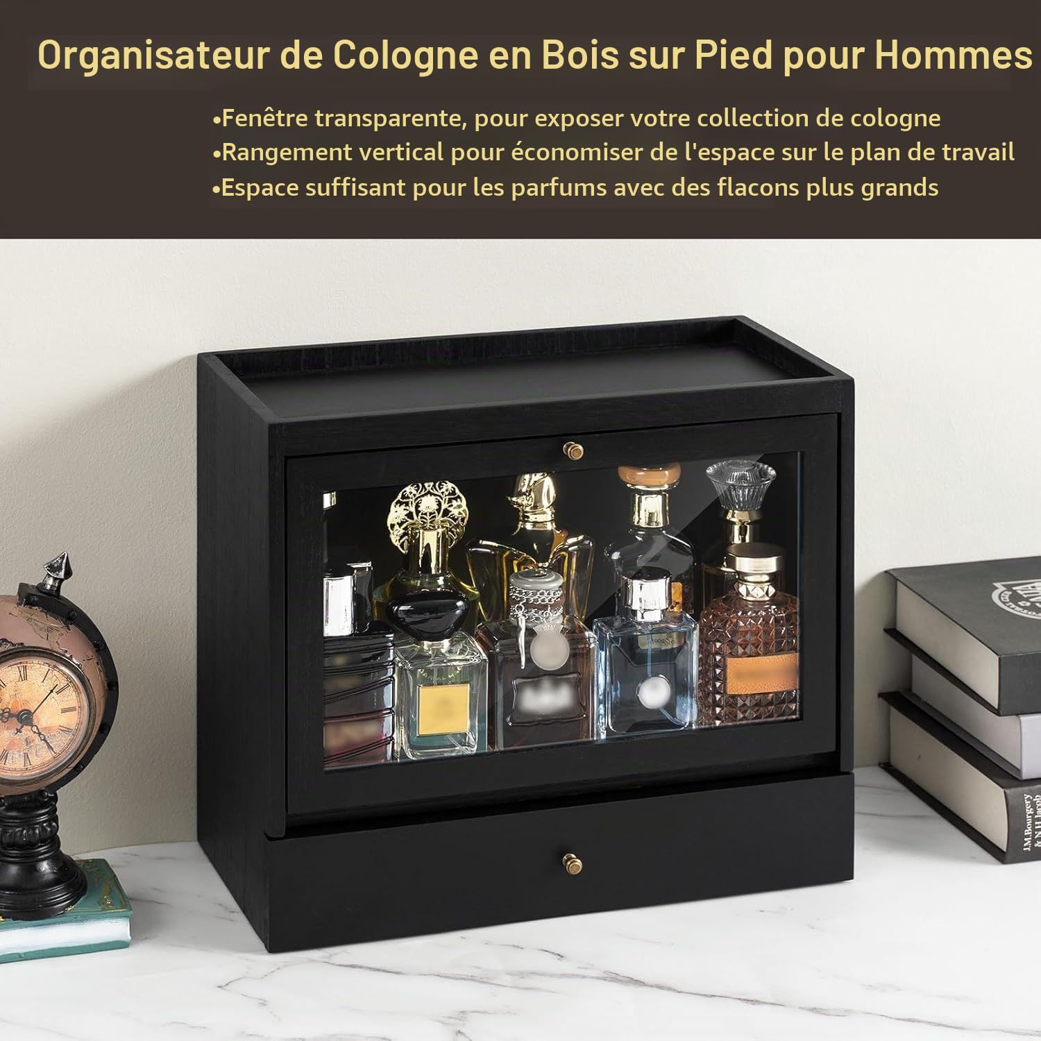 Rangement Parfum Homme, Porte Parfums en Bois, Grande Capacité Organisateur Parfums avec Tiroir, Présentoir Parfum pour Parfums, Bijoux, Excellent Cadeau (Noir)