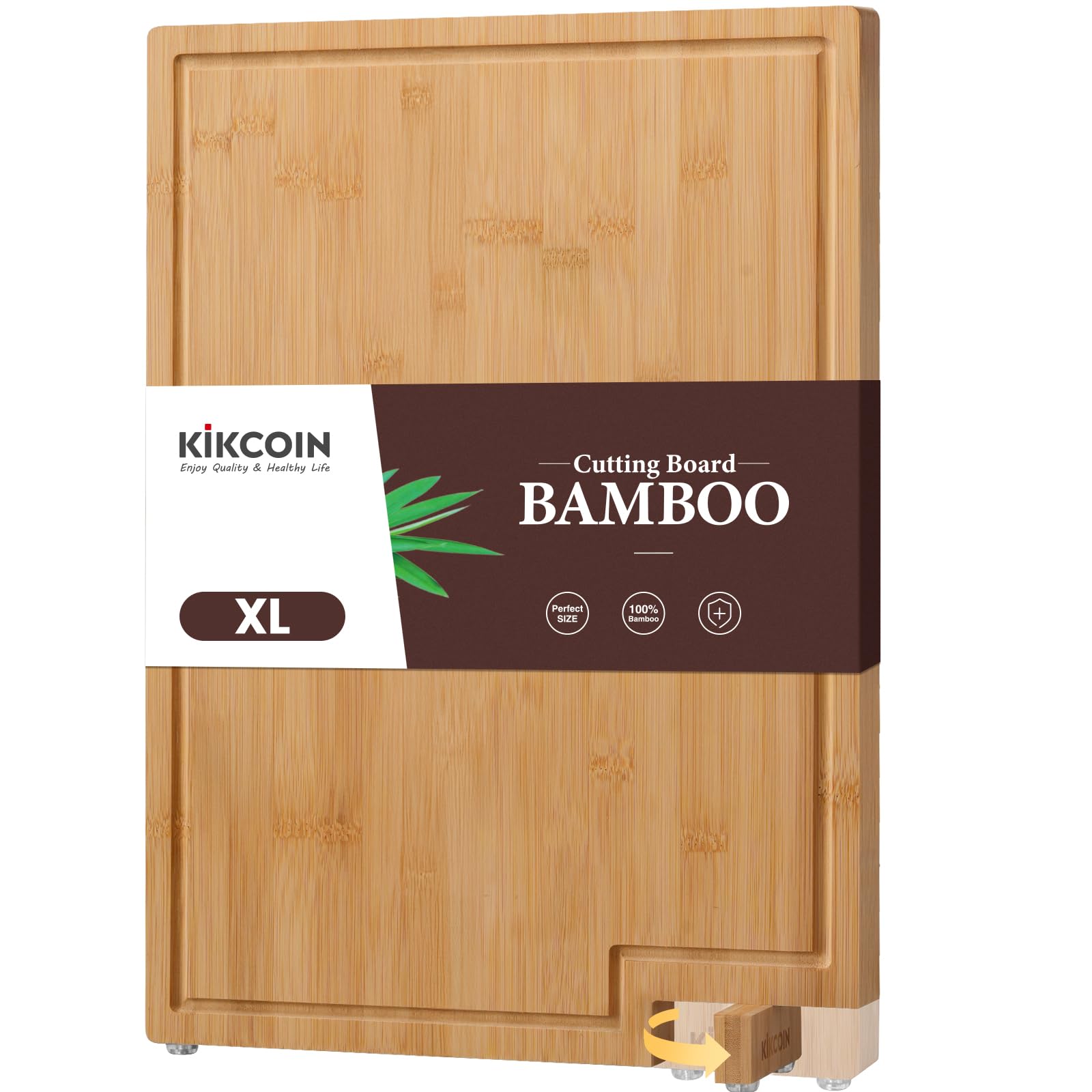 Kikcoin Bamboo Cutting Boards for Kitchen, Extra Large Wood Cutting Board with Rotating Kickstand & Juice Groove, Wooden Chopping Board for Meats Veges Fruits, Heavy Duty Serving Tray, 17 x 11.3 inch