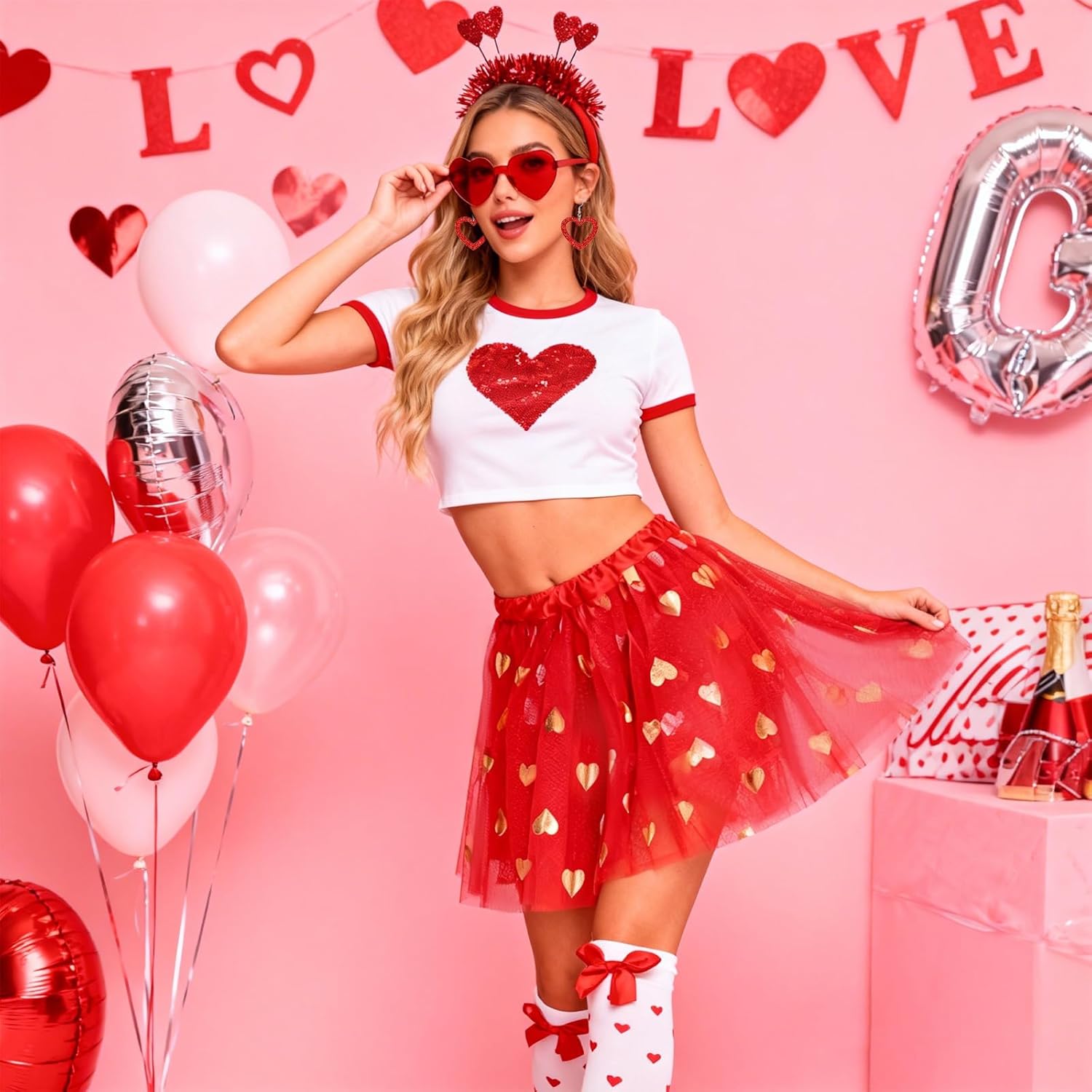 5Pcs Valentines Cupid Costume Red Tutus for Women Red Heart Headband Heart Sunglasses Earrings and Bow Stockings for Halloween Valentine's Day Party Supplies - Image 4