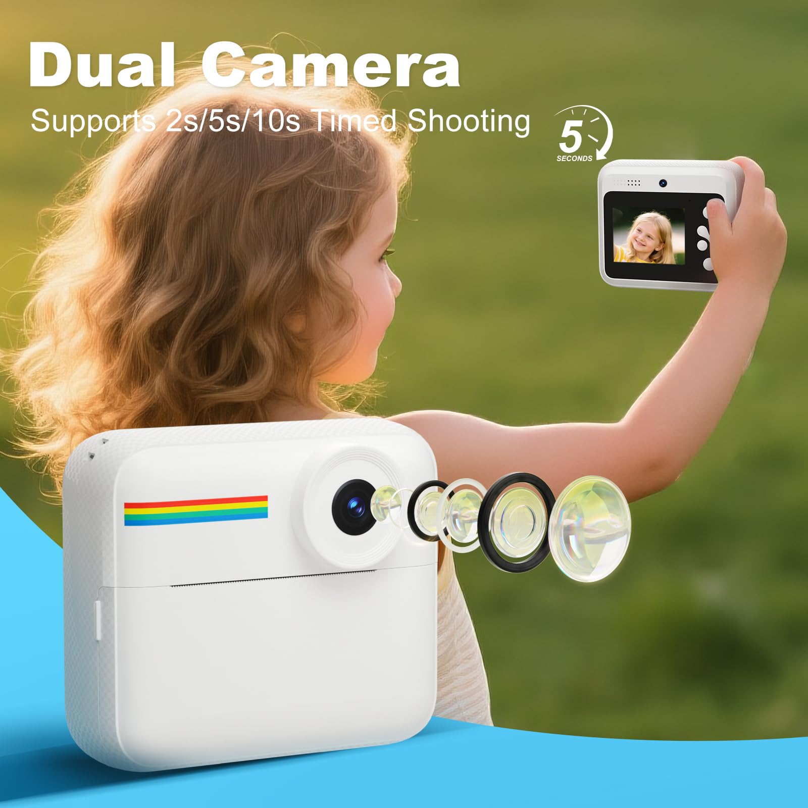 Cámara de impresión instantánea para niños, cámaras instantáneas de 1080P para niños que imprimen fotos con tarjeta de 32 GB, cámara digital Daurable para niños, regalo de cumpleaños para niñas y 3