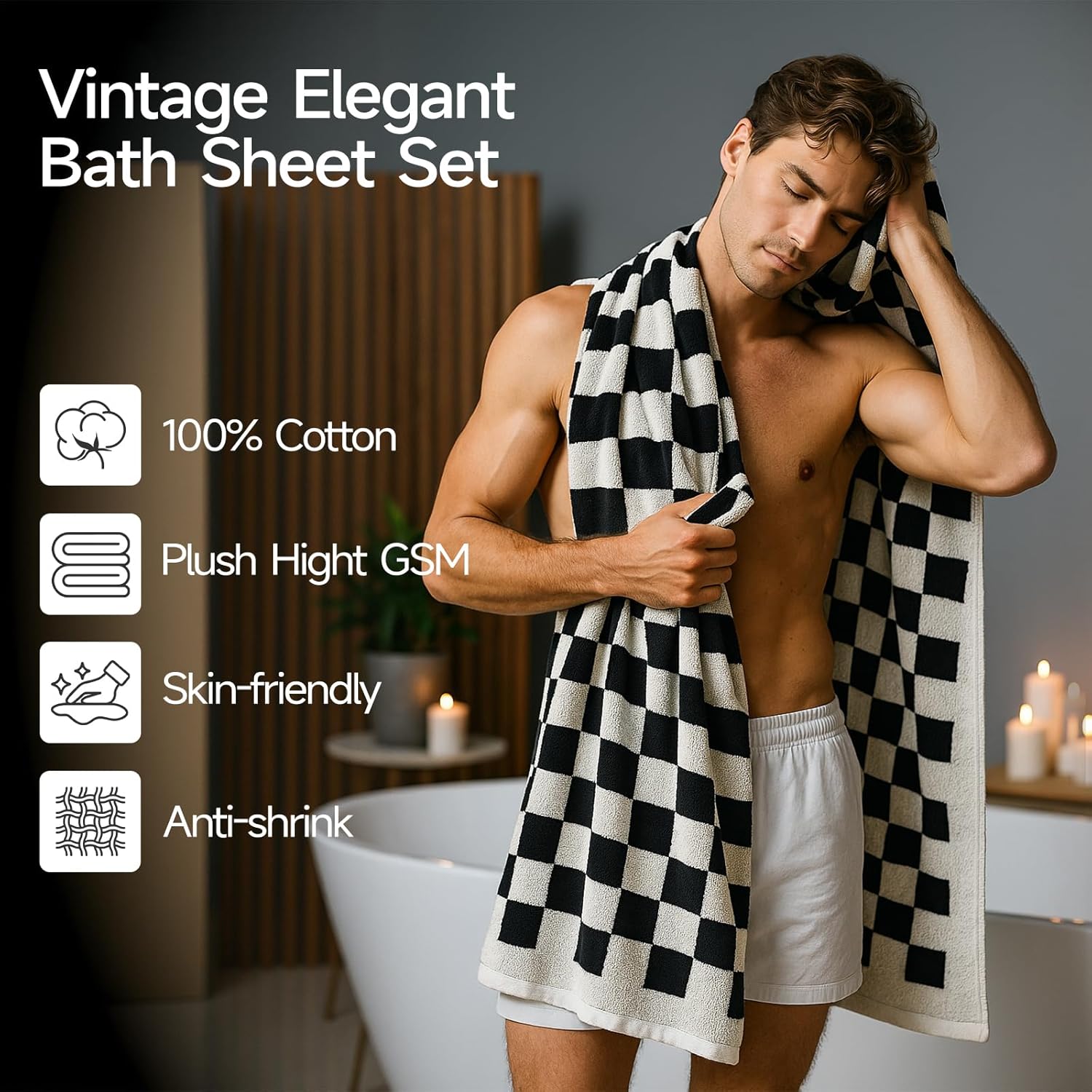 REDKISS 2 Piece Large Black and White Bath Towels Set - 27”x55” Highly Absorbent 600GSM Cotton Checkered Towels for Bathroom Decoration, Retro Checkered Design - Image 7