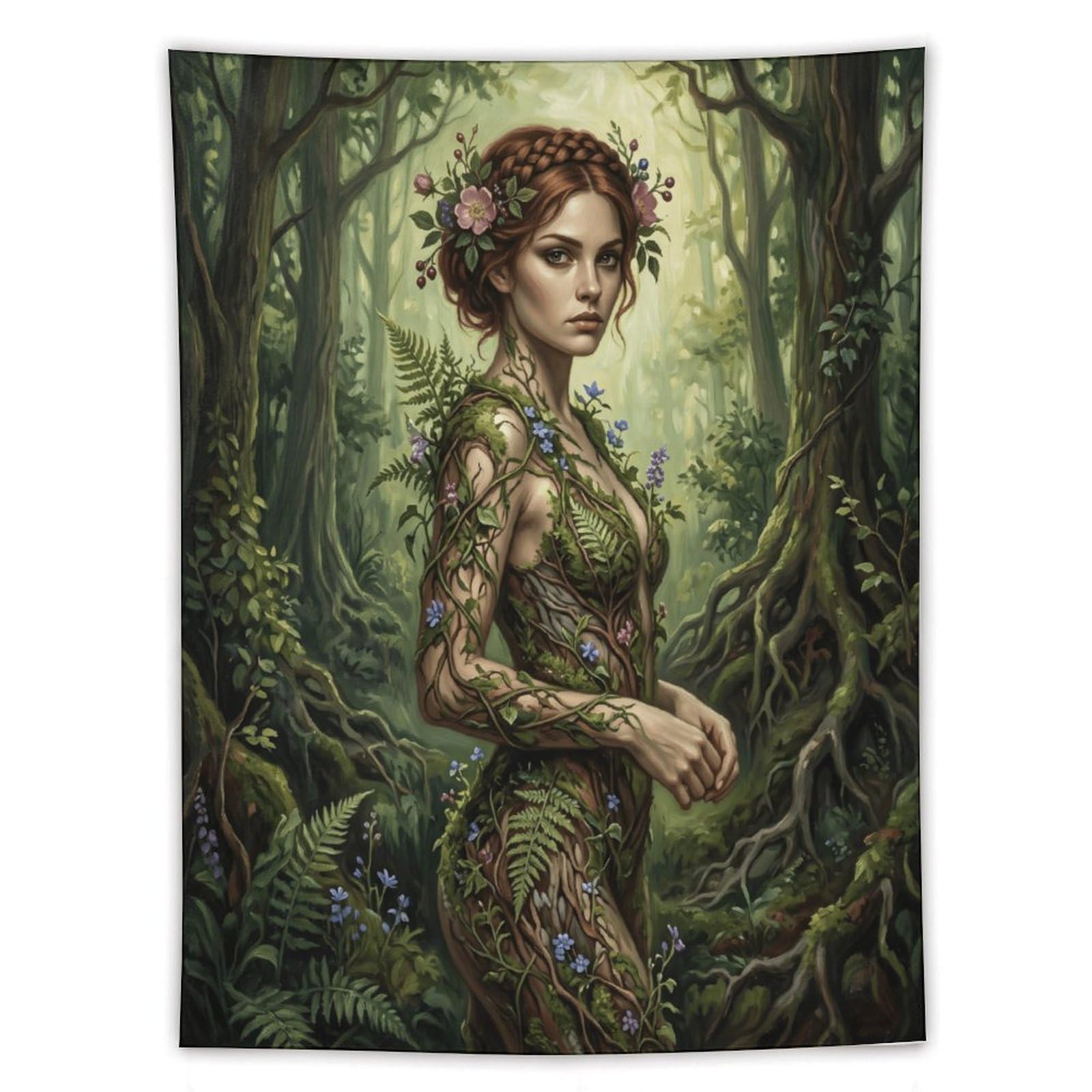 W7C8U2X3 Green Forest Goddess Wall Tapestry, Botanical Illustration
