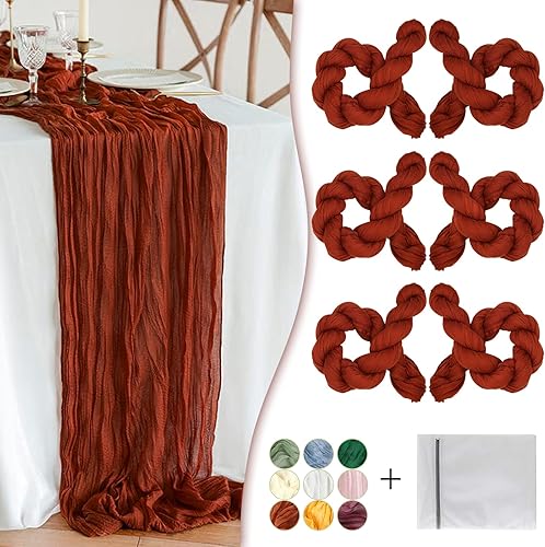 Waligoy Camino de Mesa de Gasa de Terracota, Paquete de 6, Gasa Bohemia de 35", 120 Pulgadas de Largo, Tela de Gasa Rústica Transparente al Por