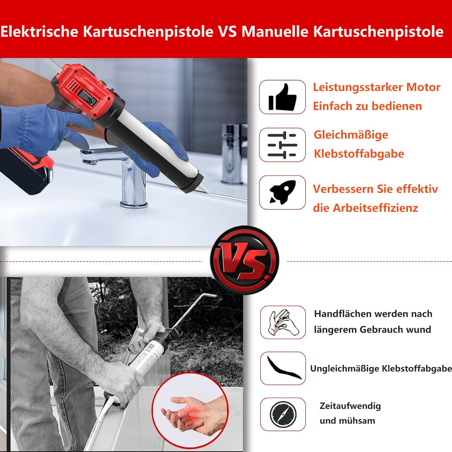 Pistolet à cartouche sans fil 18 V 4 vitesses réglables avec lumière LED, compatible Makita, rouge, 300 ml (sans piles)