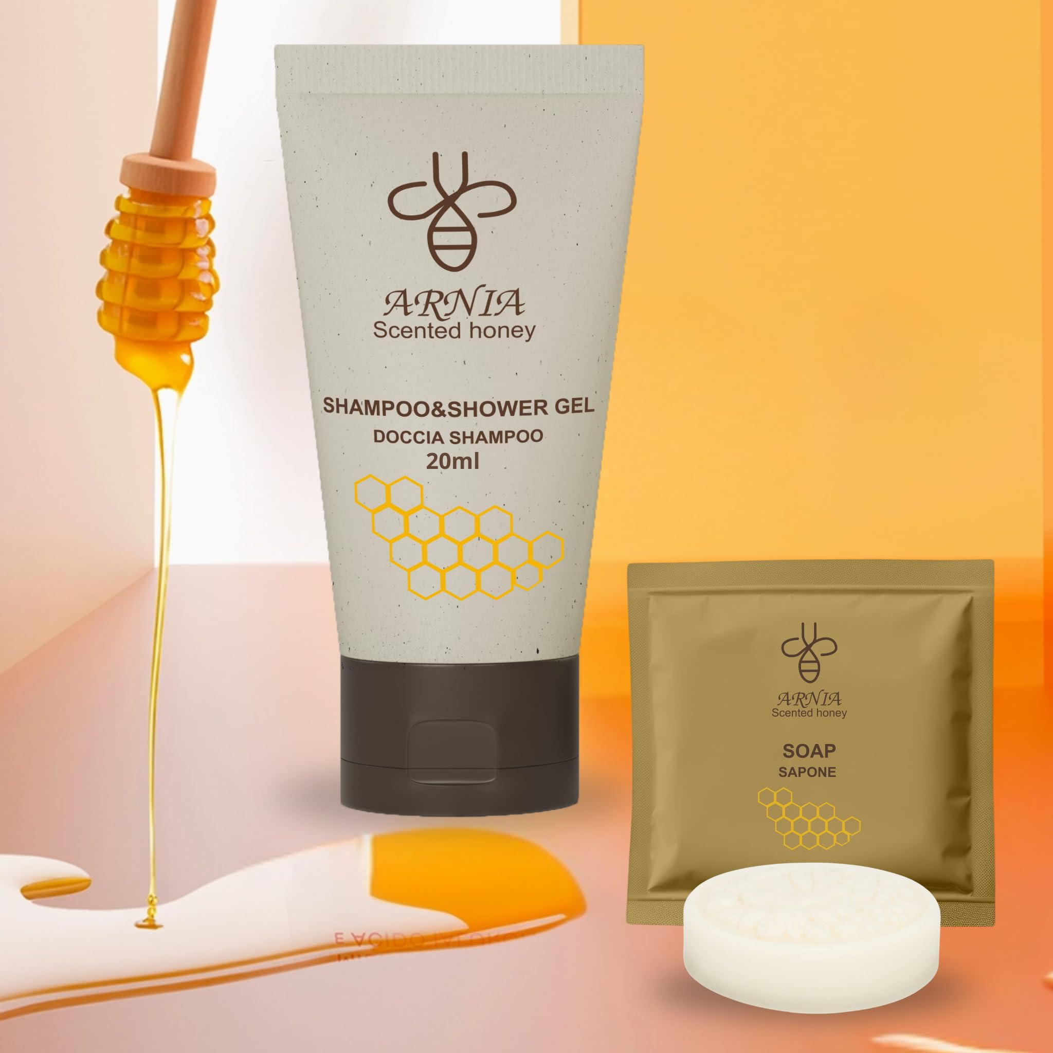 Kit Cortesia B&B Hotel Albergo Bagno Monouso 100 pezzi 50x Doccia Shampoo 20ml 50x Sapone Tondo 15g Flow Pack