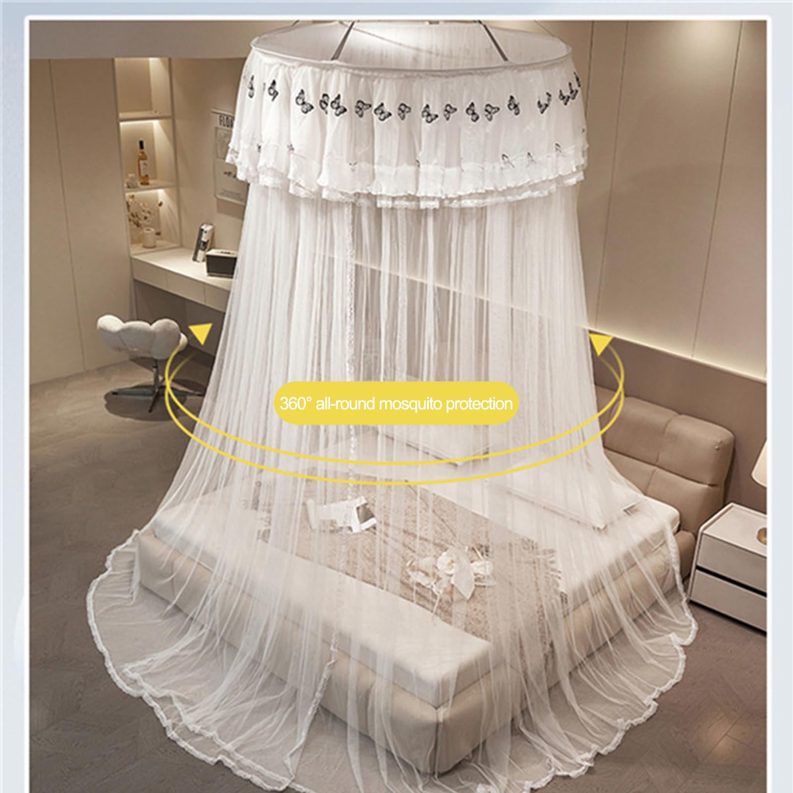 SARKEY Transparenter Netz Kuppel Bettvorhang,Prinzessinnen Betthimmel,Hängende Bettnetzabdeckung Für Schlafzimmer,Runde,Eleganter,Erwachsene,Hochzeit Dekoration