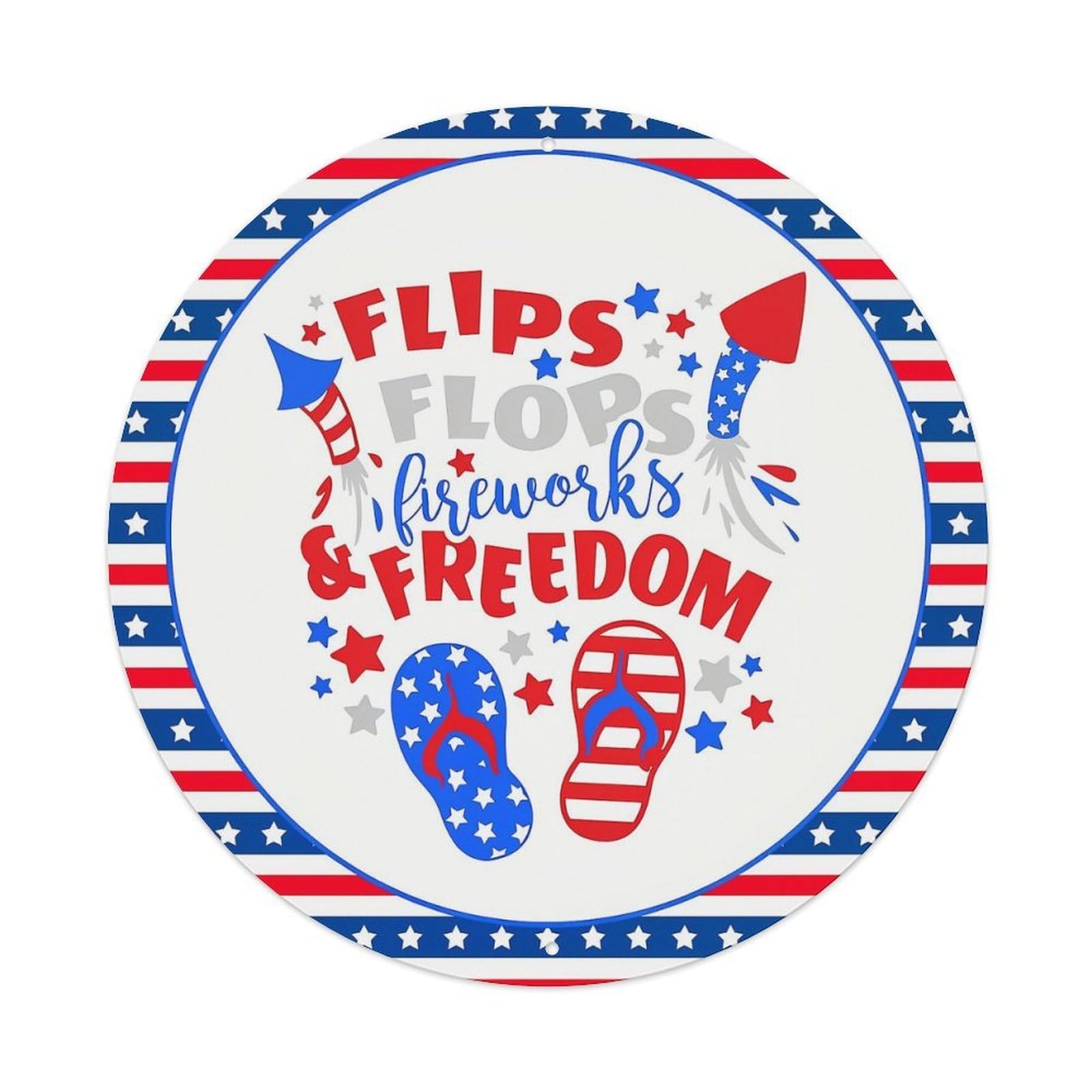 Flips Flops Fireworks And Freedom Vintage Metal Tin Sign Retro Wall Decor for Home Bar Garage Cafe, Indoor & Outdoor Decorative，circle Metal Poster, 8x8 Inch