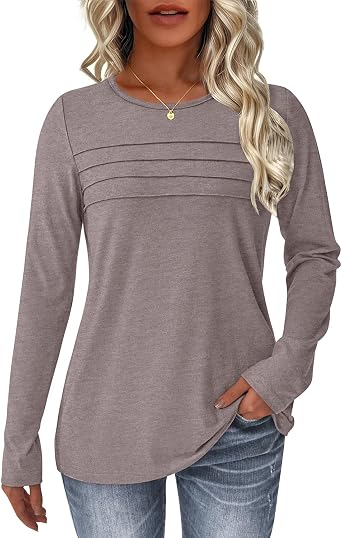 NORACORA Long Sleeve Shirts for Women Pleated Tunic Basic Tops Dressy Casual Business Blouses Loose Trendy Fall Fashion 2025