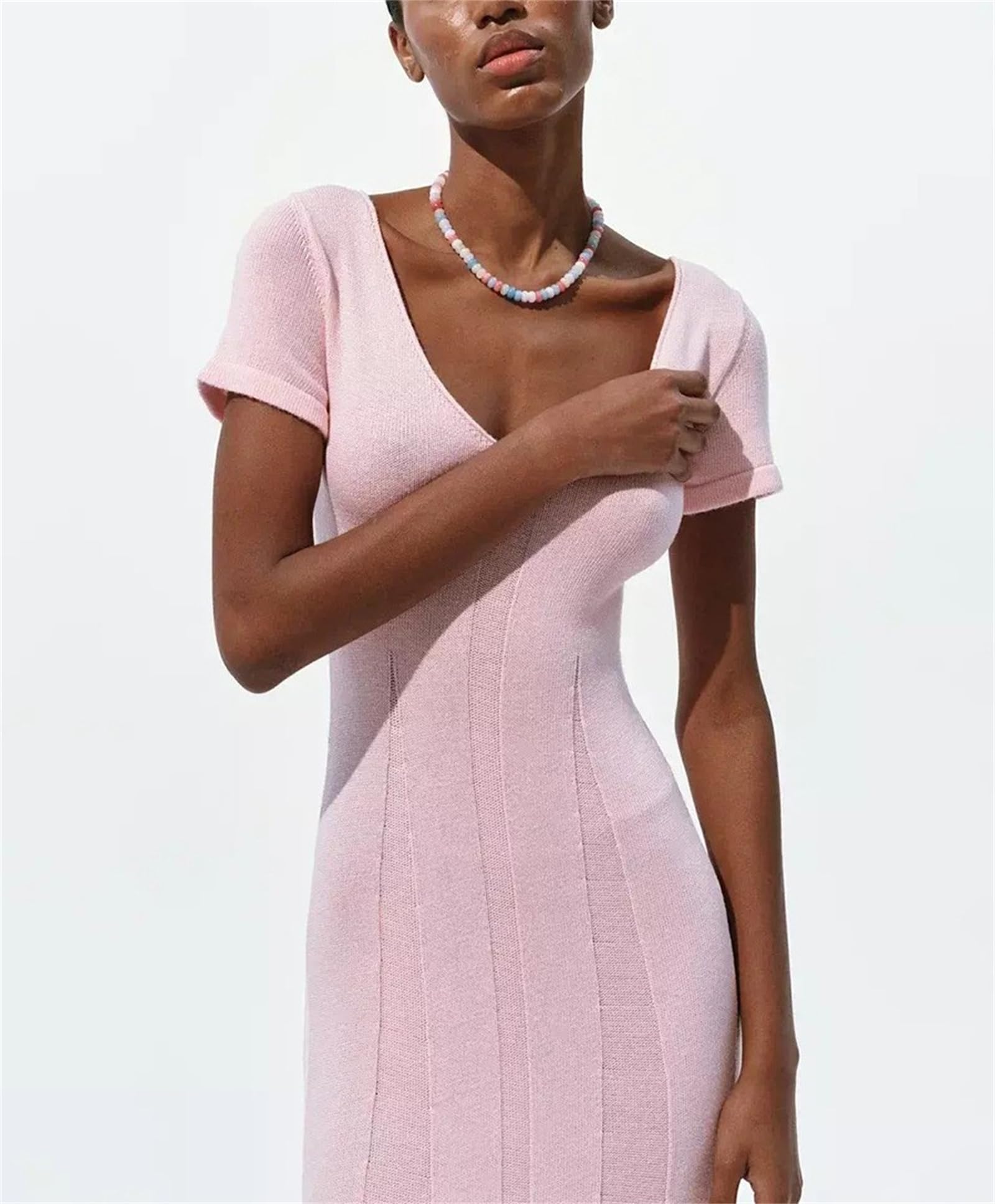 Abito Lungo da Donna a Coste con Scollo a V e Maniche Corte, Modello a Sirena Aderente con Spacco Frontale, Perfetto per Feste e Tutti i Giorni.