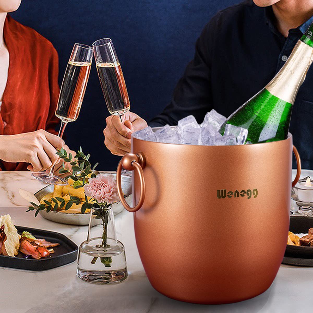 Cubo de Hielo con Tapa y colador – Bien Hecho de Acero Inoxidable Aislado, Doble Pared, Mantiene el Hielo congelado Durante más Tiempo, Cuchara de Hielo y Pinzas – 3 litros (Cobre)