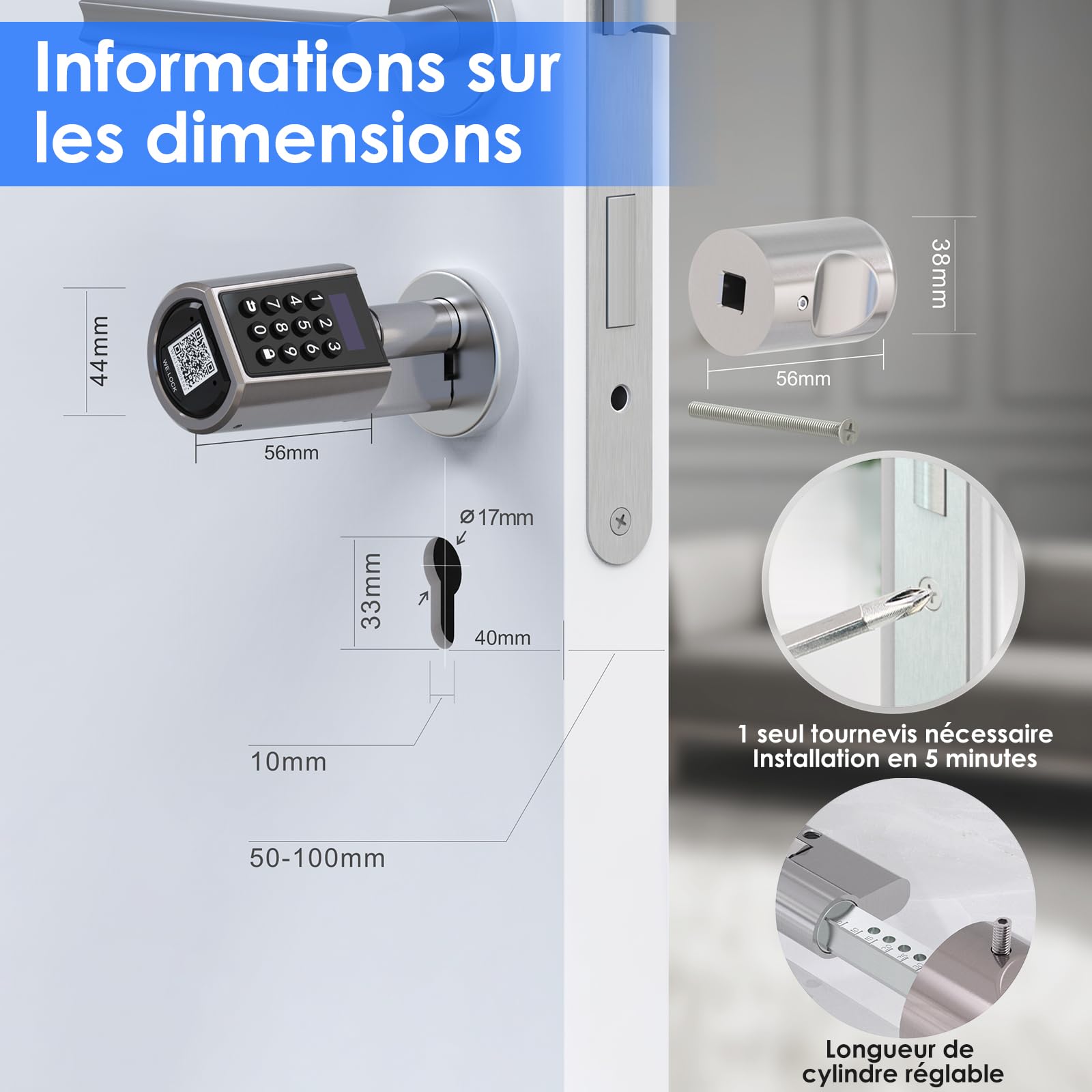 RUILON Serrure connectee porte entree PCB01 - Cylinder à code 40x30 | Serrure electronique avec 3 cartes RFID 1 étui en silicone étanche, APP Commande, portes 50-100 mm, Code temporaire