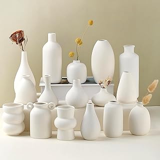 Set of 16 White Ceramic Bud Vases, Minimalist Boho Small Pampas Grass Flower Vase for Farmhouse Home Decor, Wedding Centerpiece, Shelf and Table Decoration