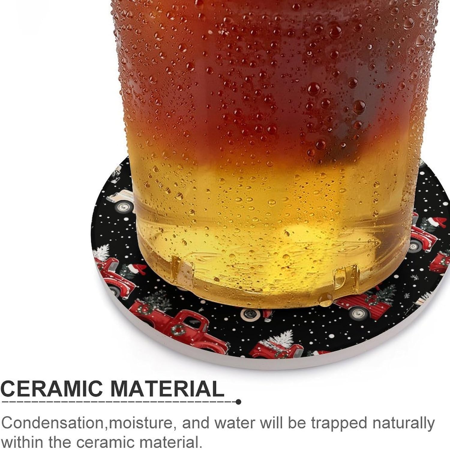 Vintage Trucks Christmas Trees Round Ceramic Coasters Print Drinks Absorbent with Cork Base for Home Decor Gifts 4 Inch