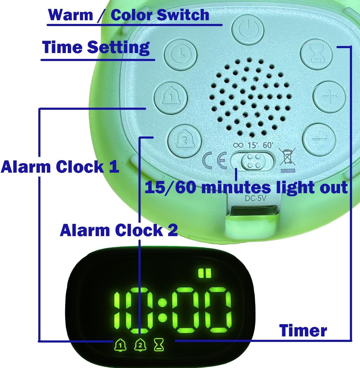 Alarm Clock Night Light for Kids, Rechargeable Soft Silicone Pat Control Digital Lamp, Non-Flickering Eye-Caring LED Warm Lights, Auto Turn Off, Timer Function, Soothing Mood (Green Frog)