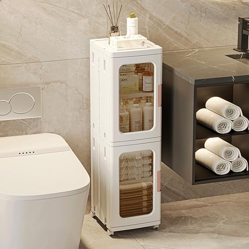 Miniatura 5 de Armario estrecho con puertas y estantes, organizador de cocina alto y delgado con estante ajustable, armario de papel higiénico de lino de 2 capas