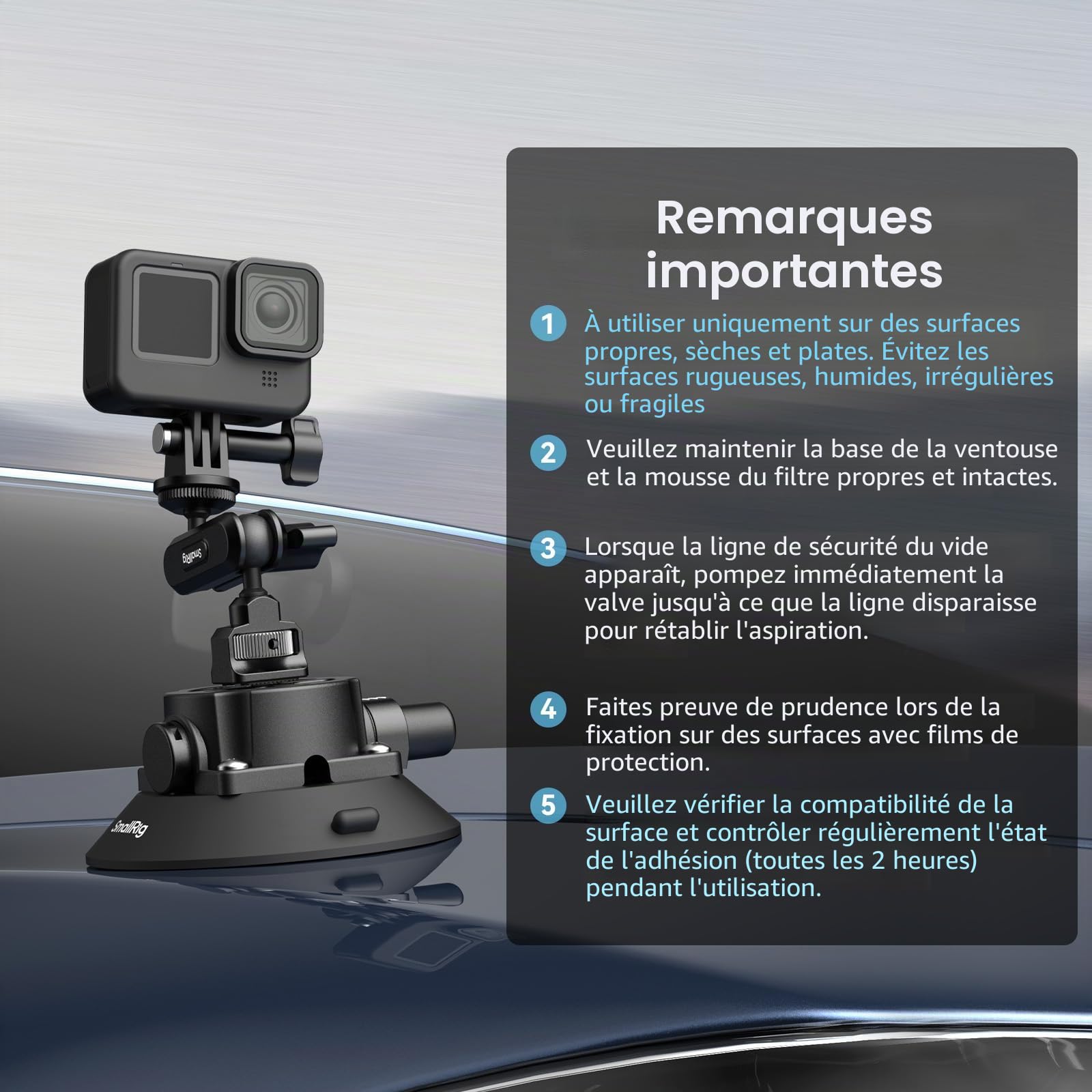 SMALLRIG Support à Ventouse 4,5" avec Bras Articulé à Rotule, Compatible avec Les Caméras d'action DJI Osmo Action 6/5 Pro/4, Insta360 x5 et GoPro 13/12, Charge Maximale 1,5 kg - 5855B