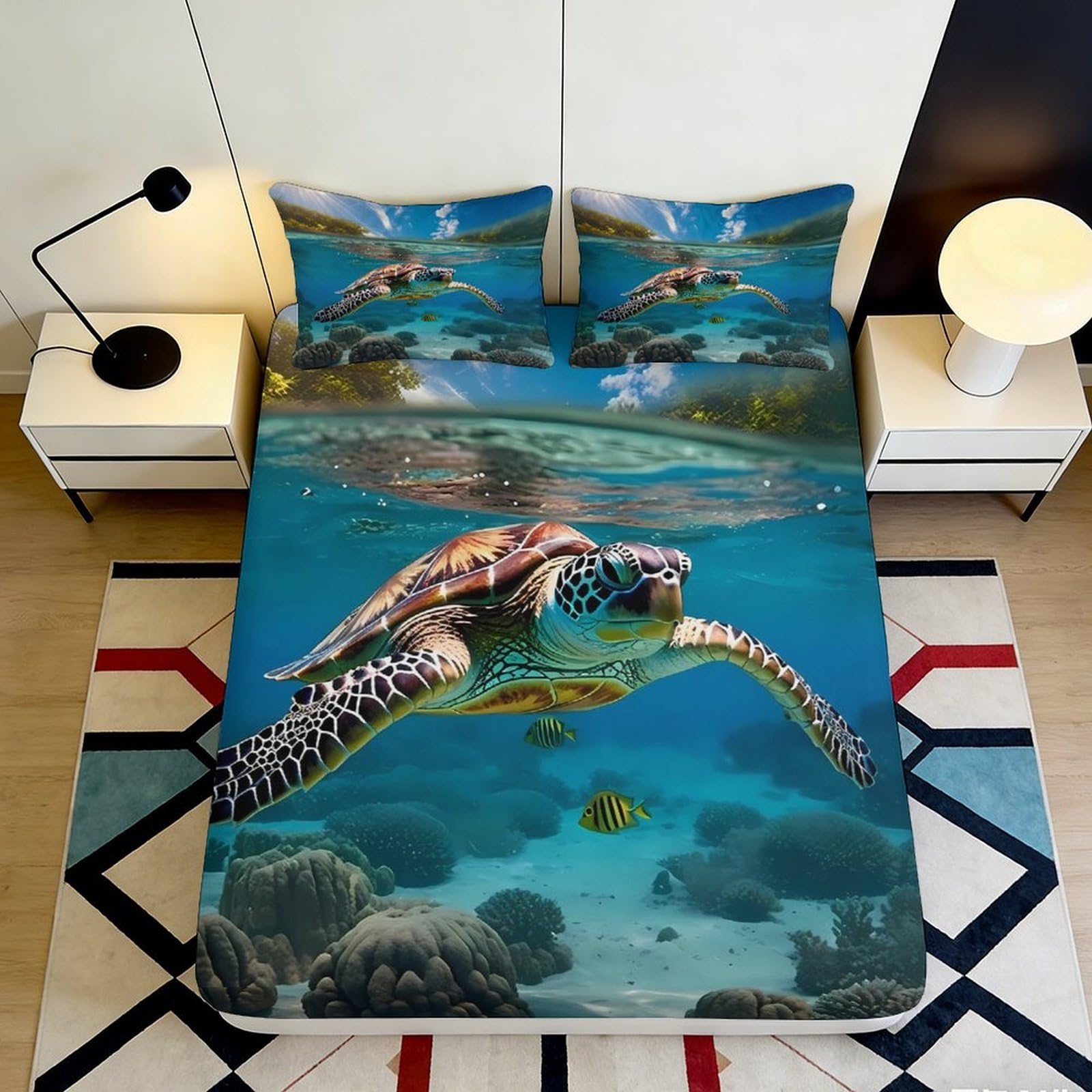 3D Printed Sea Turtle Fitted Sheet Microfiber Soft Breathable Ocean Underwater Mattress Cover for Bedroom Dormitory Guest Room Mattress Protection Decor 140x200x25cm