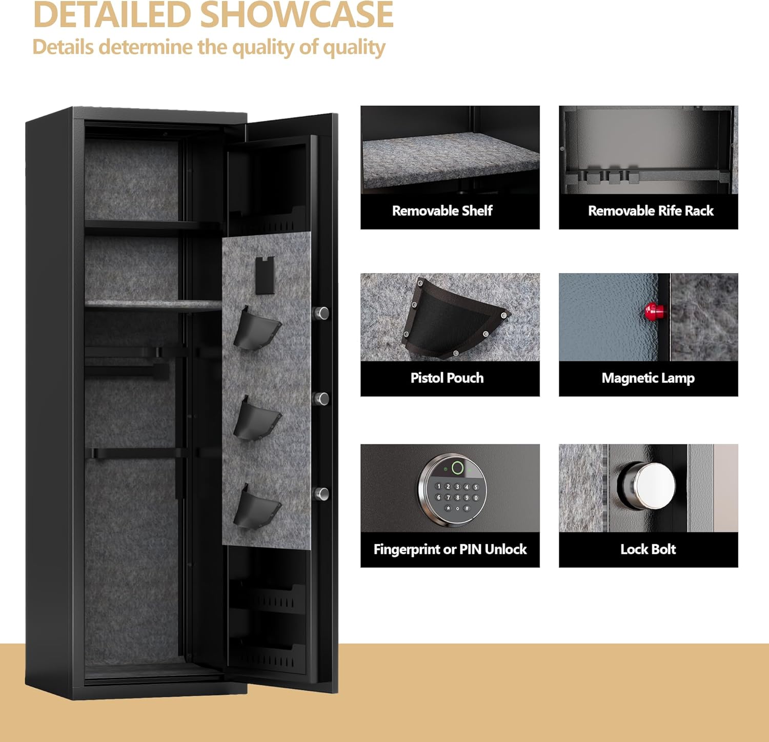 15-17 Gun Safe, 57'' Safe, 0.1s Fingerprint Unlock Gun Safe for Rifles and Pistols, Gun Cabinet Safe for Handgun with Adjustable Shelves, Suitable for Rifles, Pistols &Shotguns