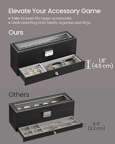 Vista 13 de SONGMICS Caja de reloj, organizador de 20 ranuras para reloj con tapa de vidrio grande, almohadas extraíbles, cerradura de metal, regalo para seres
