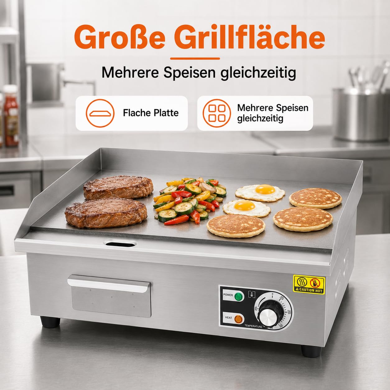 Komercyjny grill elektryczny, 3000 W, 55 x 30 cm, półpłaski grill blatowy, stal nierdzewna, grill restauracyjny z mięsa, steków, naleśników, precyzyjna regulacja temperatury 50-300°C