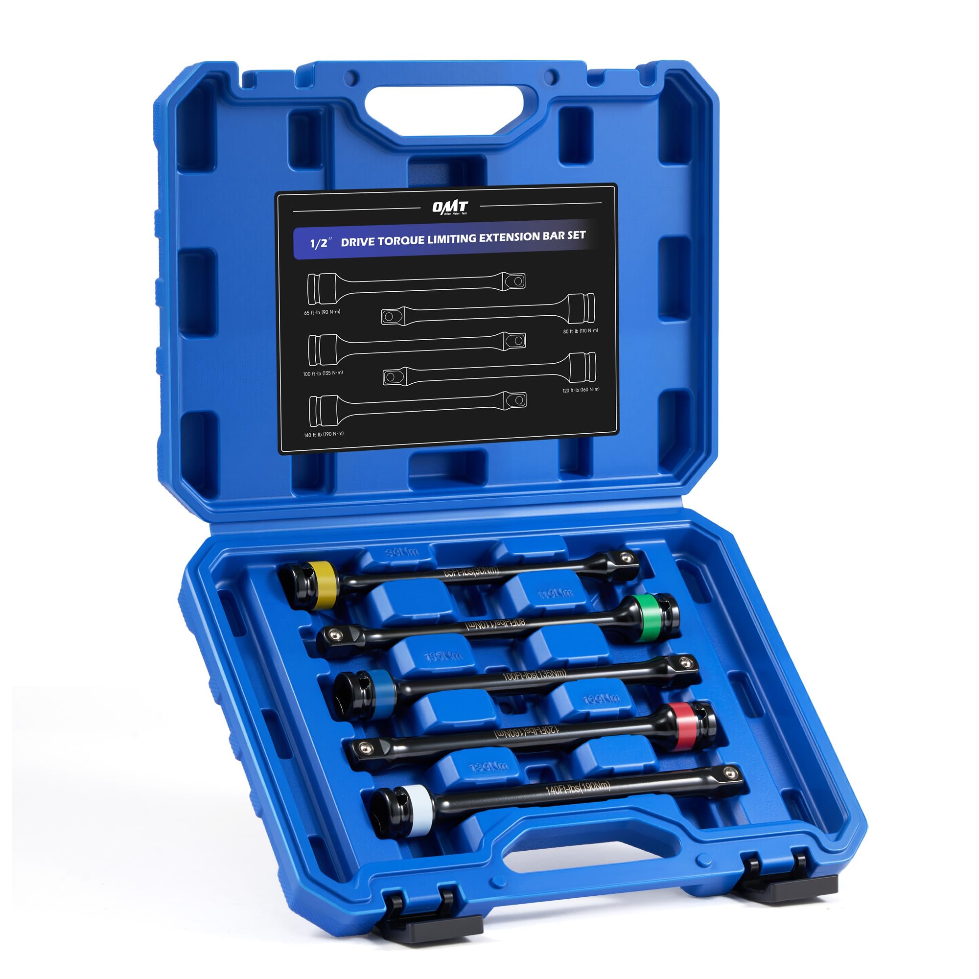 Orion Motor Tech Torque Extension, 5pcs 1/2" Drive Torque Limiting Extension Bar Set, 8 Inch Color Coded Laser Etched Torque Sticks 65-140 ft-lbs for Locking Lug Nuts