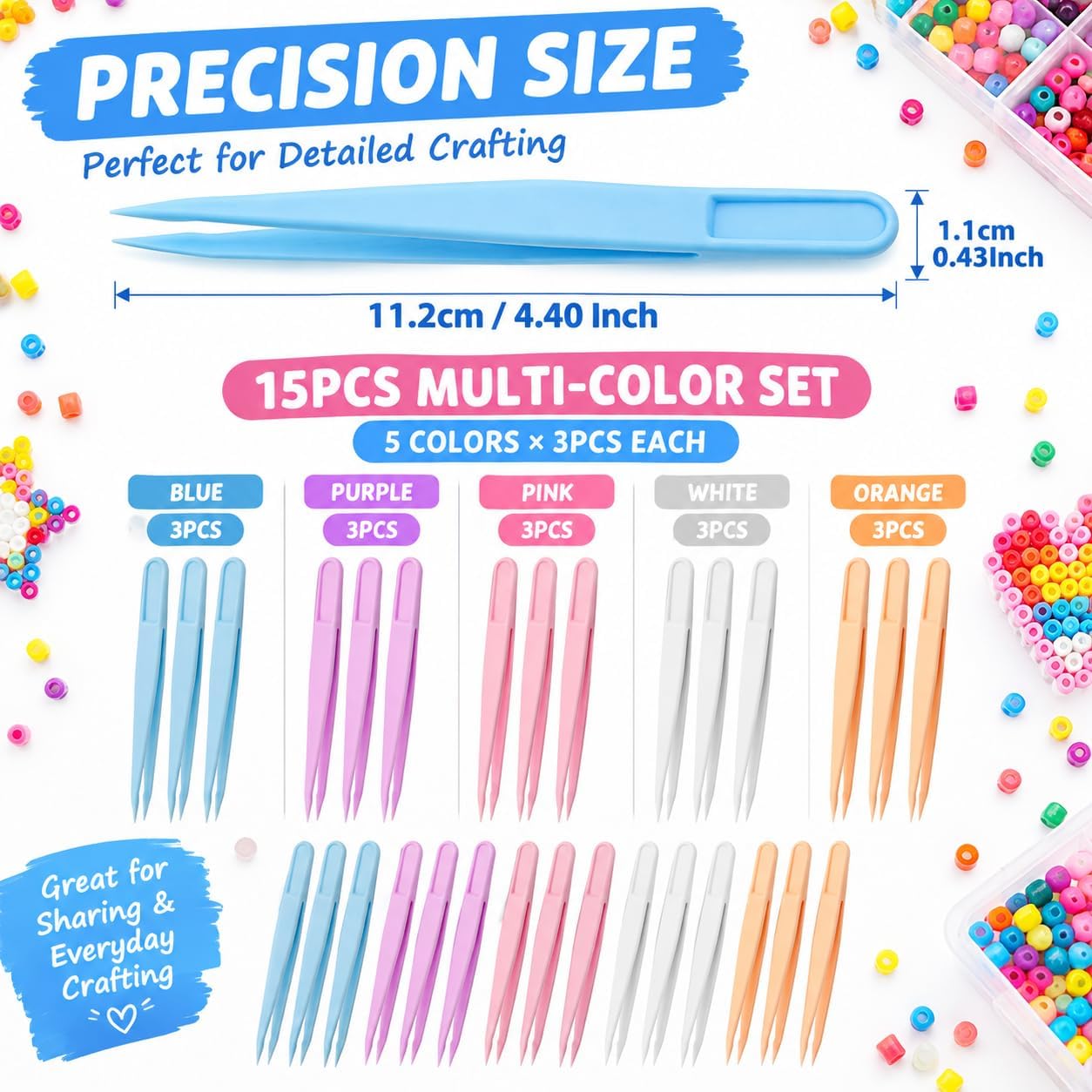 15PCS Multi-Colors Plastic Tweezers, Plastic Fuse Beads Forceps for DIY