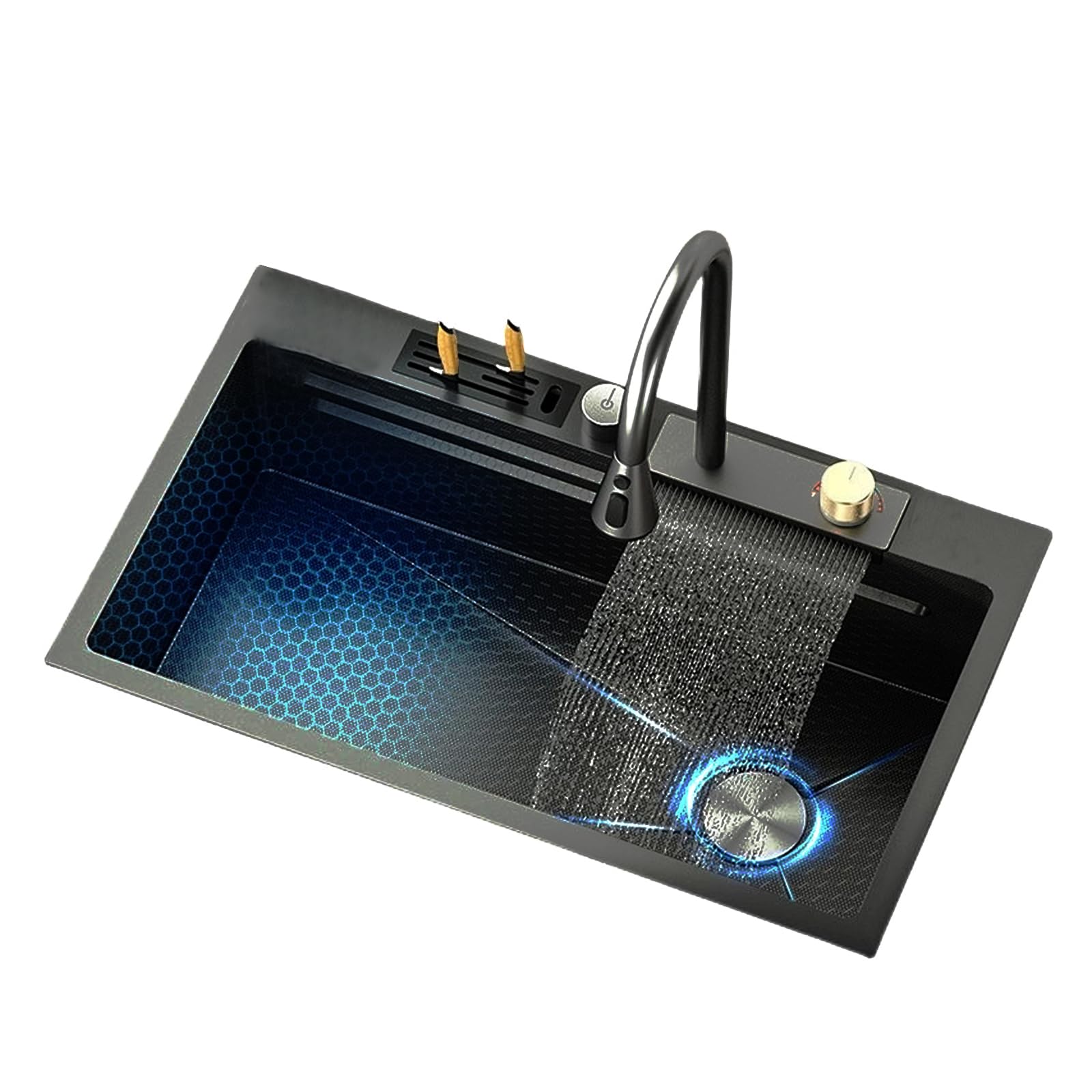 TAXXII Drop-in Kitchen Sink Black Stainless Steel Washing, Waterfall Bar Sink, Single Bowl Undermount w/Faucet Utility Sink(60X45cm/23.6X17.7in,Black)