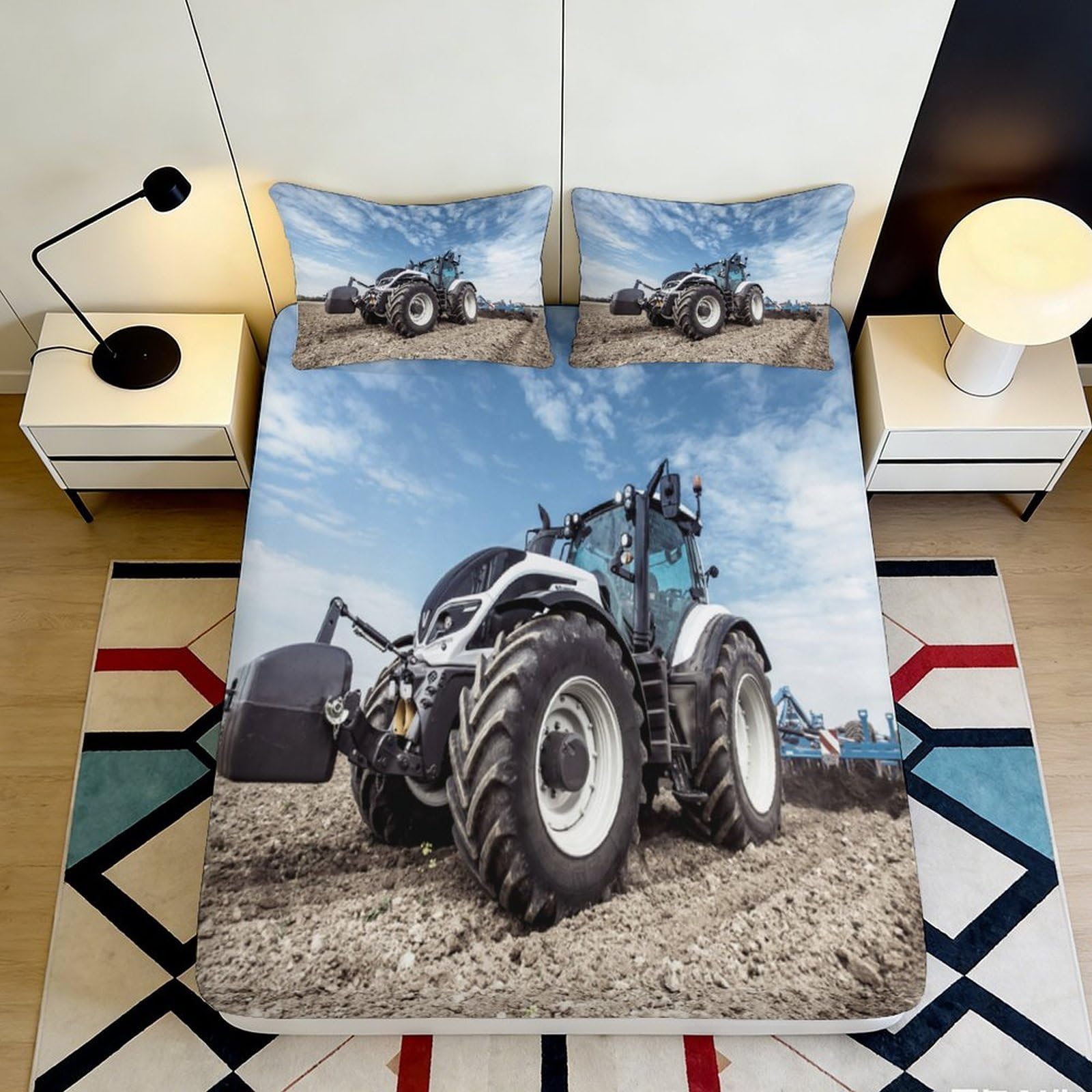 3D Printed Tractor Farm Fitted Sheet Microfiber Anti-Slip Rural Landscape Bed Cover for Bedroom Dorm Decor 90x200x25cm