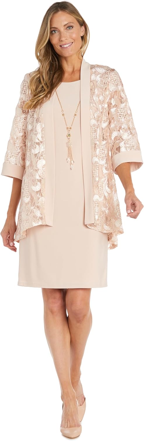 2PC Solid Tank Dress W/Detachable Necklace and Sequined Jacket