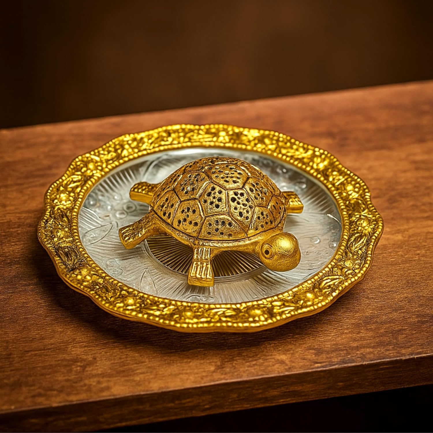 Yuktha Rasakraft Metal Feng Shui Golden Tortoise (Kachua) on Glass Plate | Turtle for Good Luck for Home | Vastu Decoration
