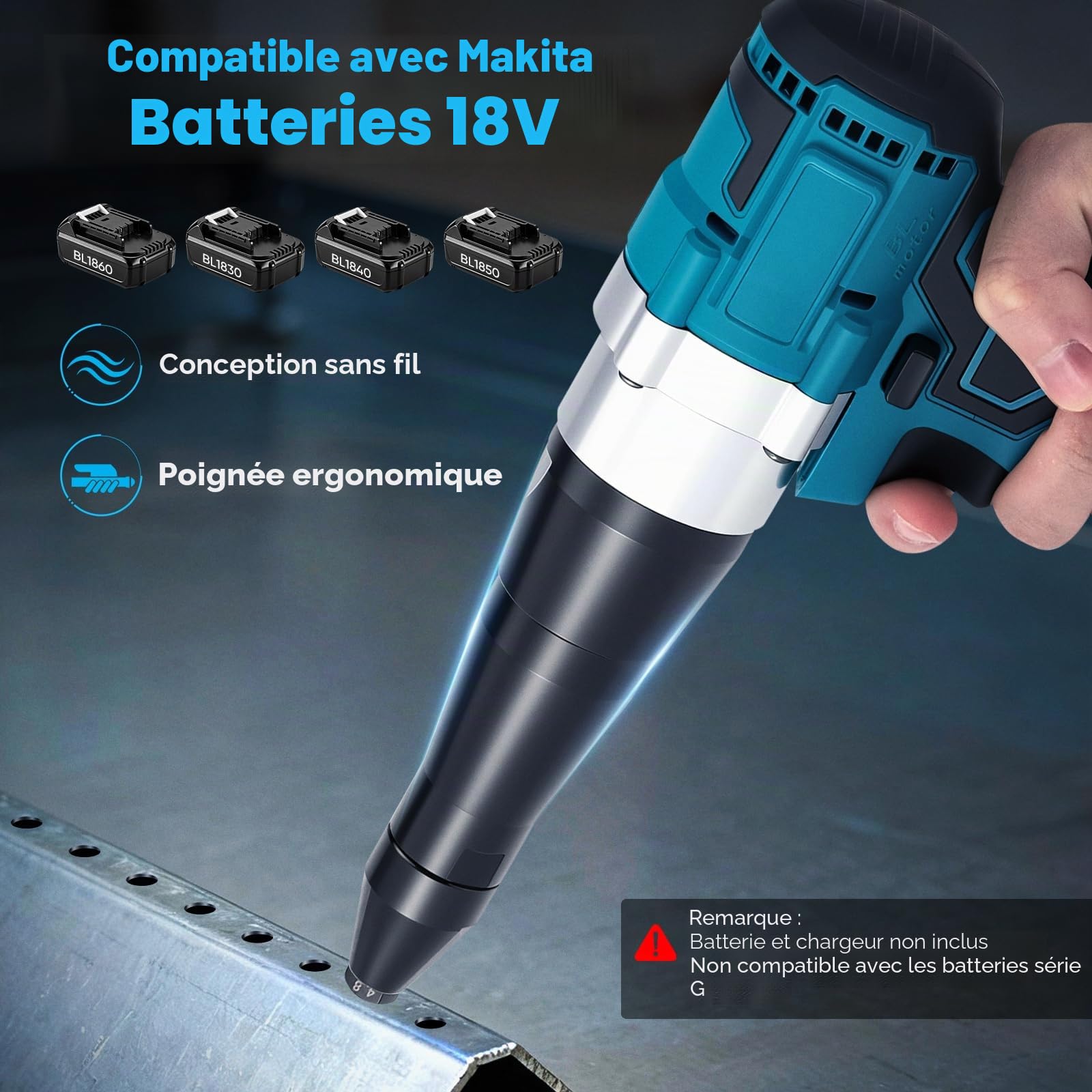 Pistolet à Rivets 18V Sans Fil, Moteur Brushless, Compatible avec les Batteries Makita 18V Série BL (Batterie Non Incluse), avec 3 Buses pour Rivets Alu & Inox 2,4-5,0mm