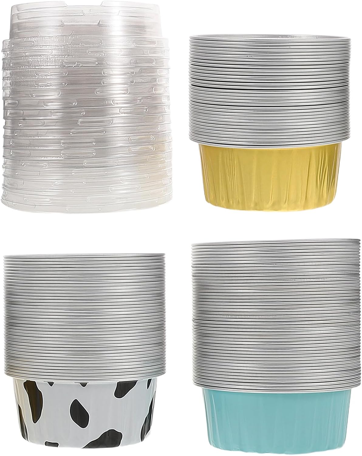 120pcs Mini Baking Cups with Lids Disposable Aluminum Foil Pudding Molds Small Baking Tins for Air Fryer Oven Party Wedding, Plastic High Lids, Gold Blue Pattern