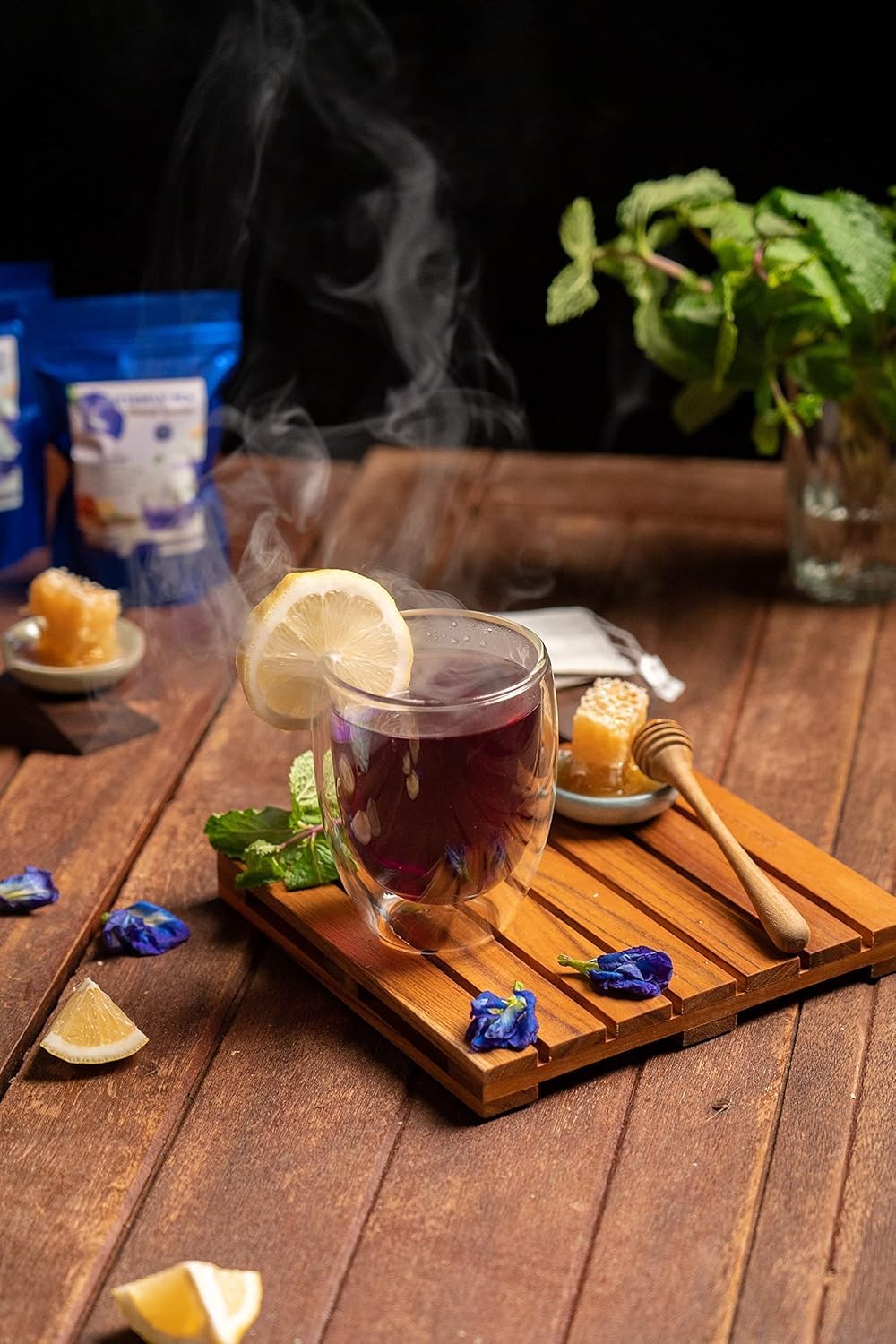 EZ THAI Premium Butterfly Pea Honey Lemon 25 Tea Bags - Color-Changing Blue Herbal Tea – Caffeine Free Tea & Thai Herbal Tea for Relaxing Hot Brew, Iced Lemonade (75)