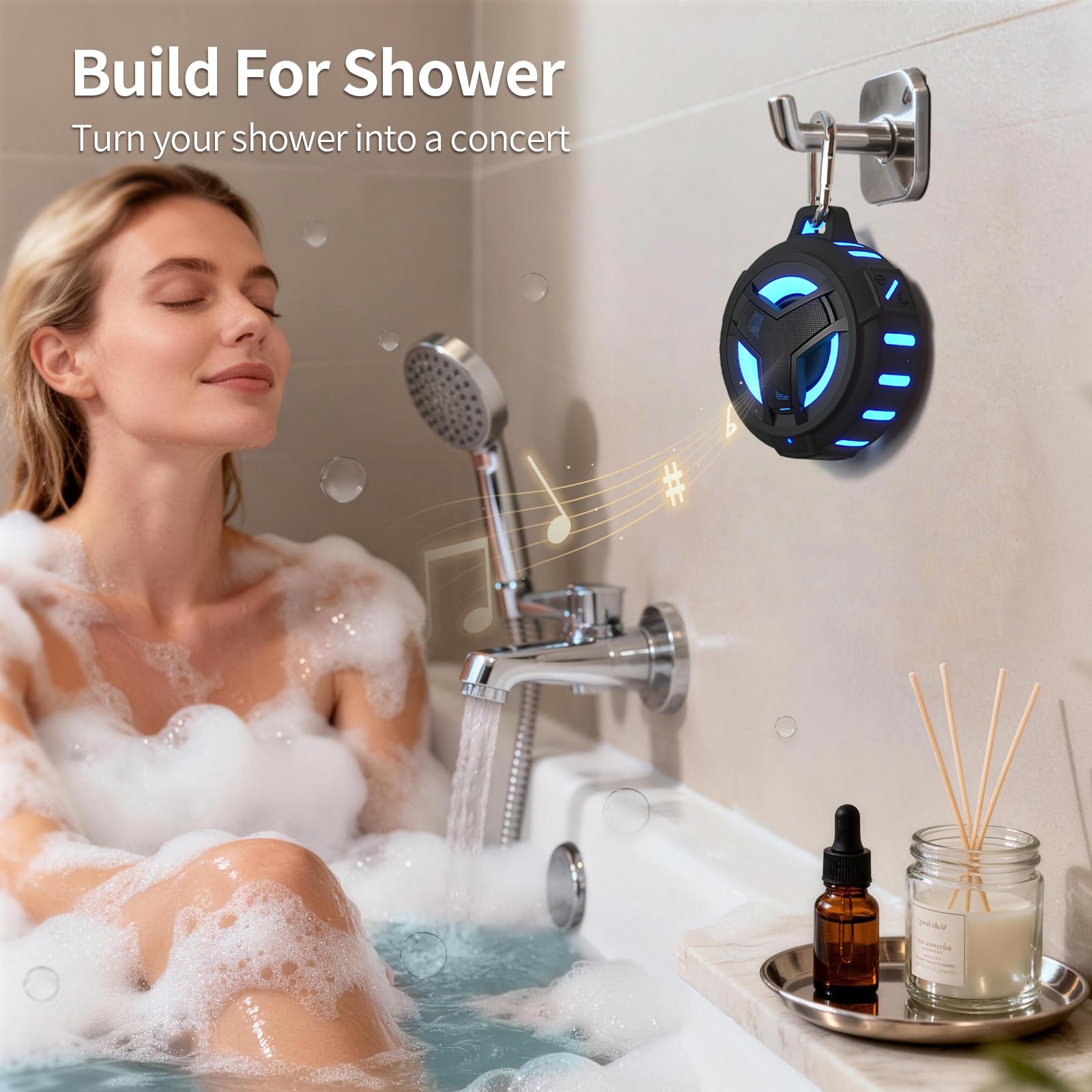 Keepxyz Bluetooth Shower Speaker, impermeabile portatile Bluetooth Speakers, TWS IP67 impermeabile esterno altoparlante wireless con luce LED, floating, 2000 mAh, vivavoce per lo spettacolo, piscina