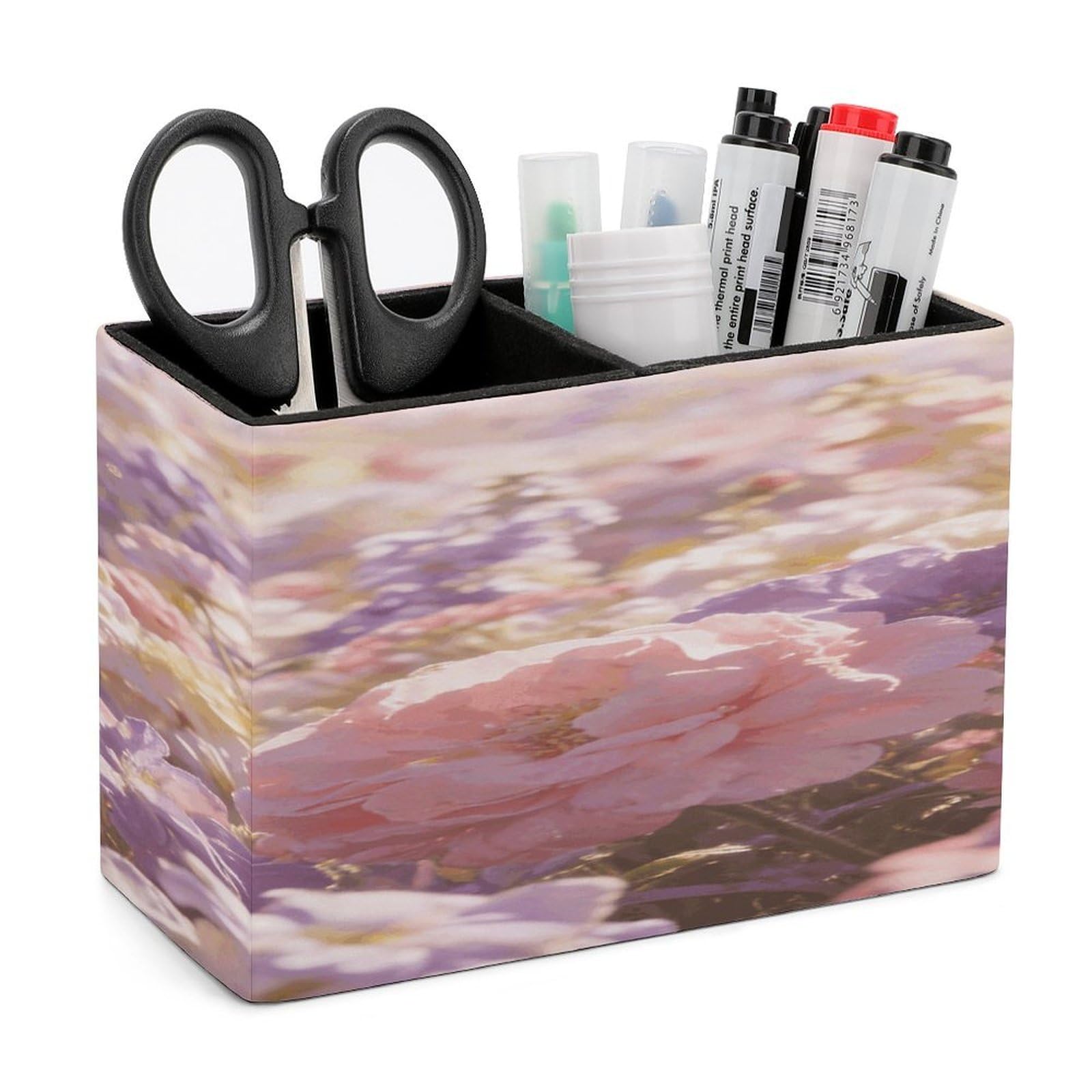 LZQPOEAS Field of Flowers Pastel Floral Pen Holder Double Compartments Pen Cup Makeup Brush Holders Leather Pencil Holder Locker Organizer for Work Locker Accessories Modern Pencil Cup for Desk