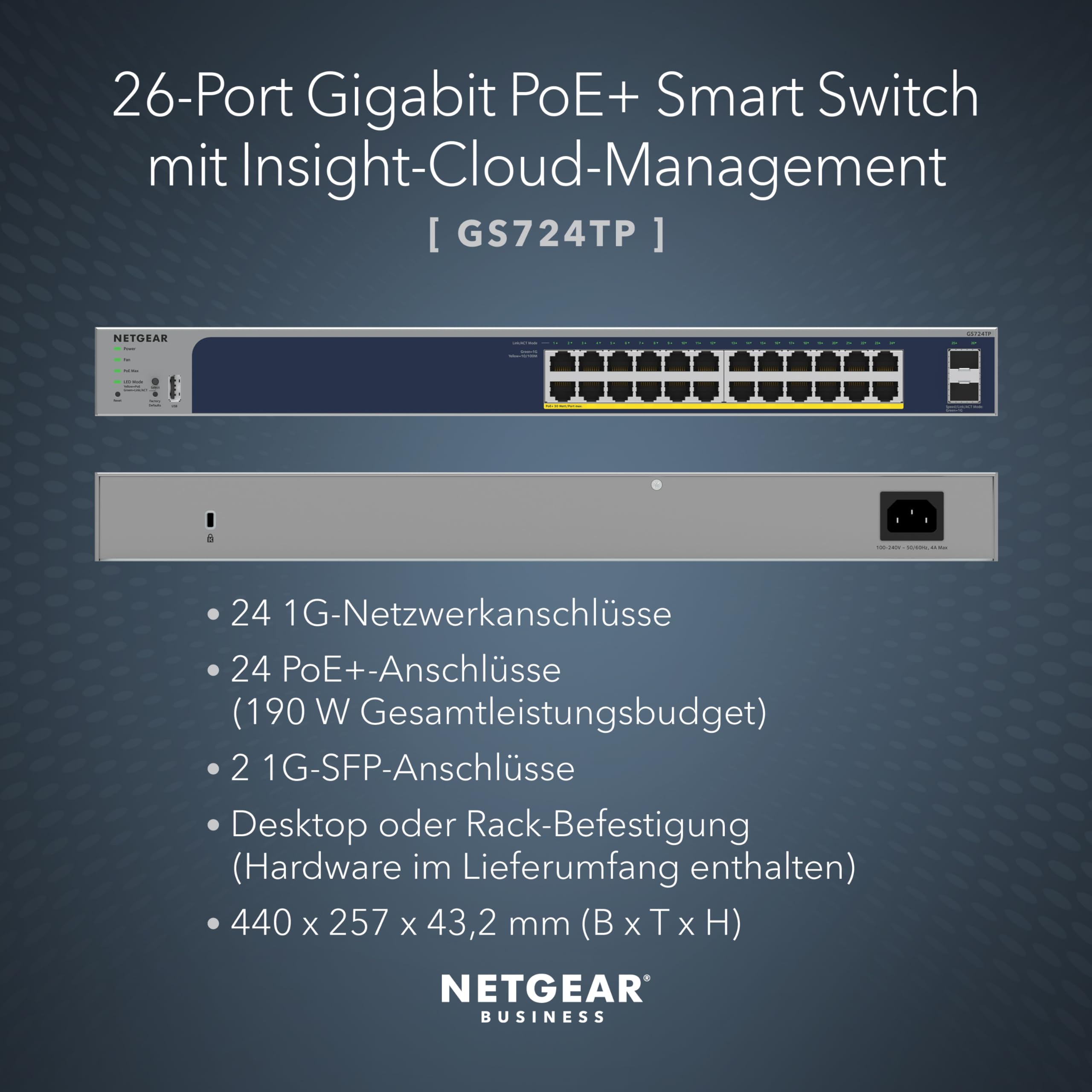 NETGEAR PoE Switch 24 Port (GS724TP V3), Gigabit PoE+ Smart Managed Switch 19 Zoll, 24x PoE+ 190W, 2X 1G-SFP, Desktop oder Rack-Montage, ProSAFE Lifetime-Garantie