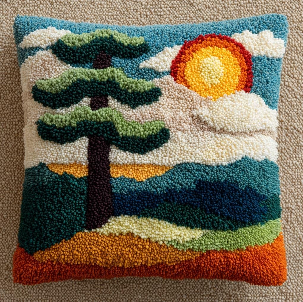 WallustrioaW Latch Hook Pillow Kits,Sunset Pine Tree Landscape,DIY Craft Kit for Adults Latch Hook Pillow Case Includes Canvas,Yarn,Instructions,17x17in