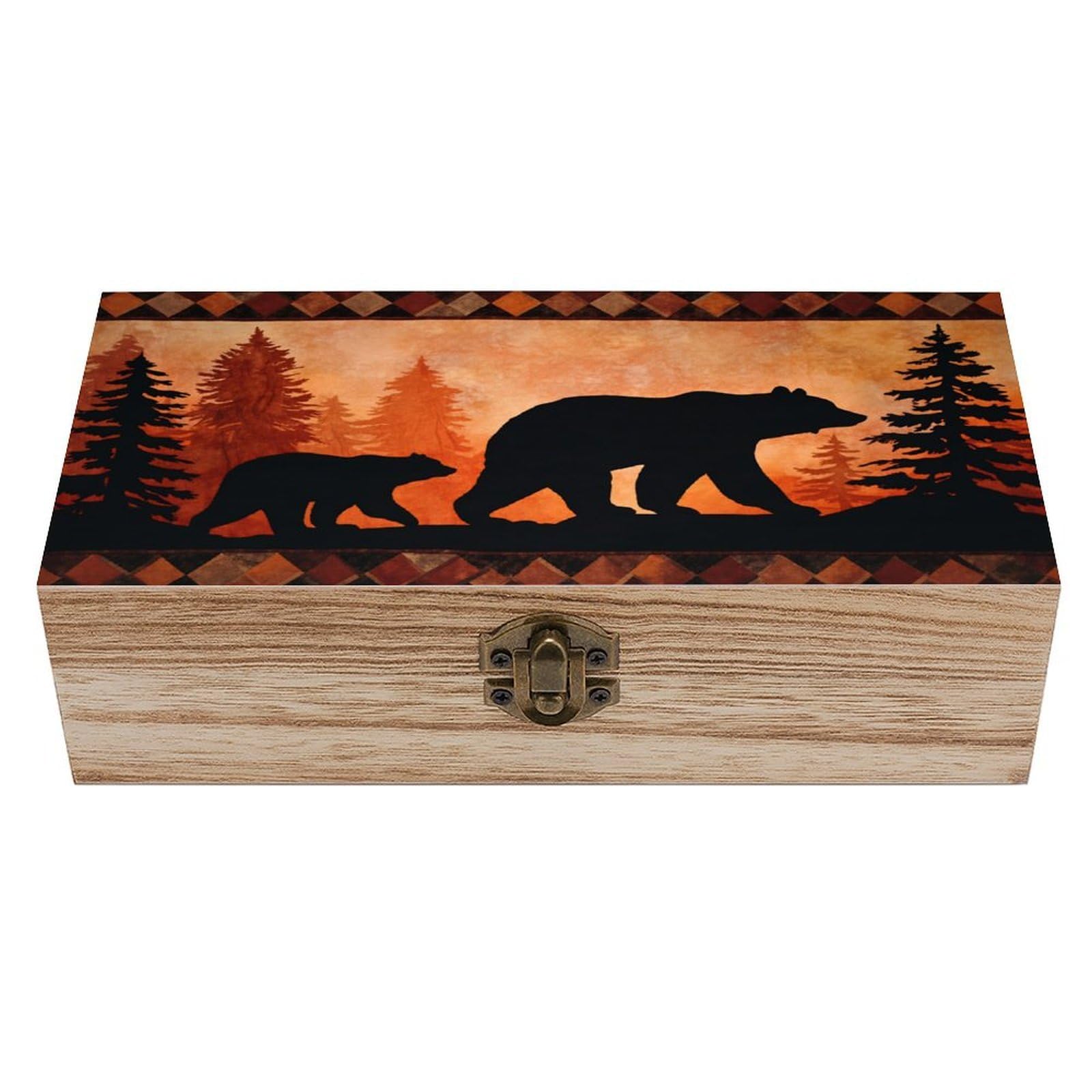 SMAZDFXX Bear Silhouette Scene Wooden Keepsake Box Vintage Solid Wood with Hinged Lid 7.9"×3.7"×2.3" Metal Latch Rustic Home Decor for Jewelry Photos And Trinkets