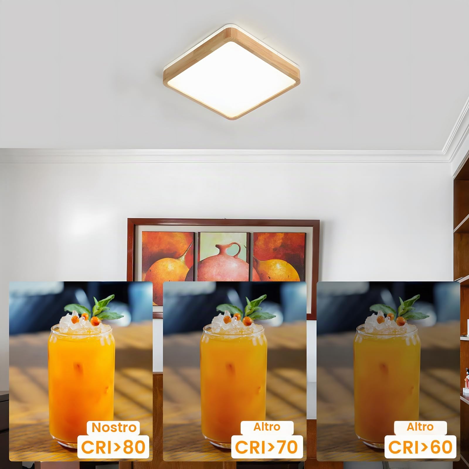 Plafoniera LED In Legno | Ø30cm 3000K 1620Lm 18W | Lampada Soffitto Quadrata In Legno Naturale Con Luce 360°, Camera Letto Soggiorno Cameretta Dei Bambini Cucina Sala Pranzo (Bianco Caldo)