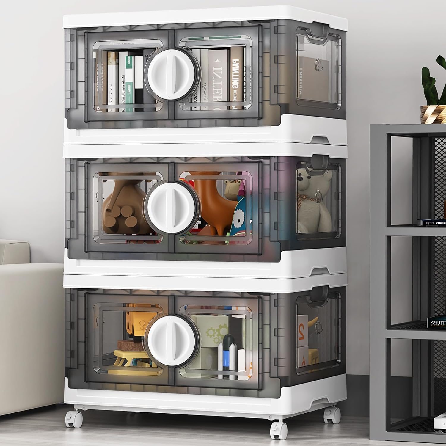 V9 84Gal Storage Bins with Lids, Stackable Collapsible Storage Bins with Wheels, Closet Organizers and Storage, Folding Plastic Cabinet with Doors for Home Office Garage, 3Pack White & Grey