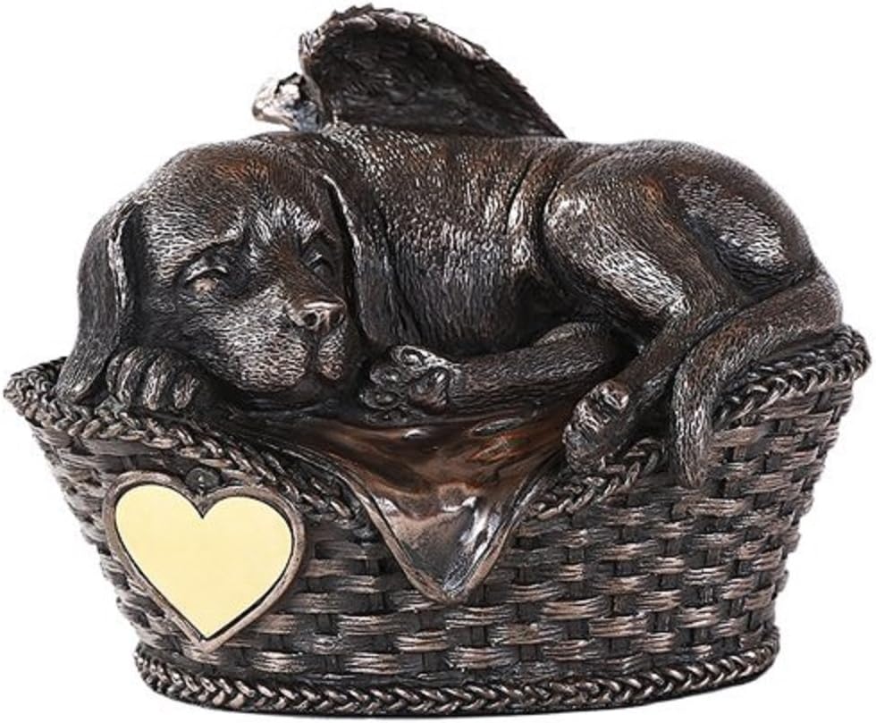 Pet Memorial Angel Dog Sleeping in Basket Cremation Urn Bronze Finish Bottom Load 45 Cubic Inch